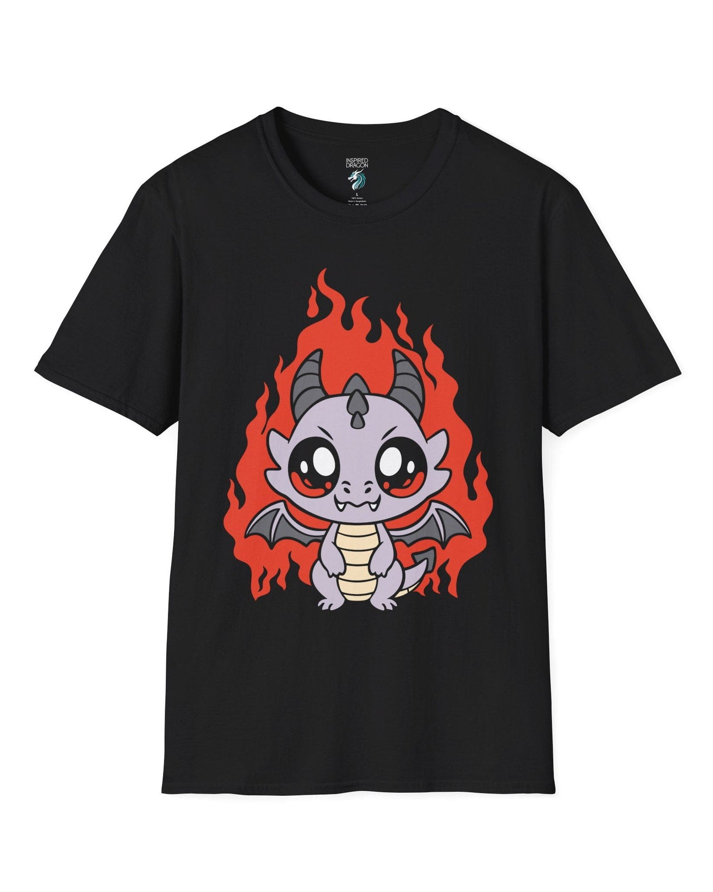 Molten Mischief shirt in black featuring a cute purple chibi dragon with fiery red flames in the background.