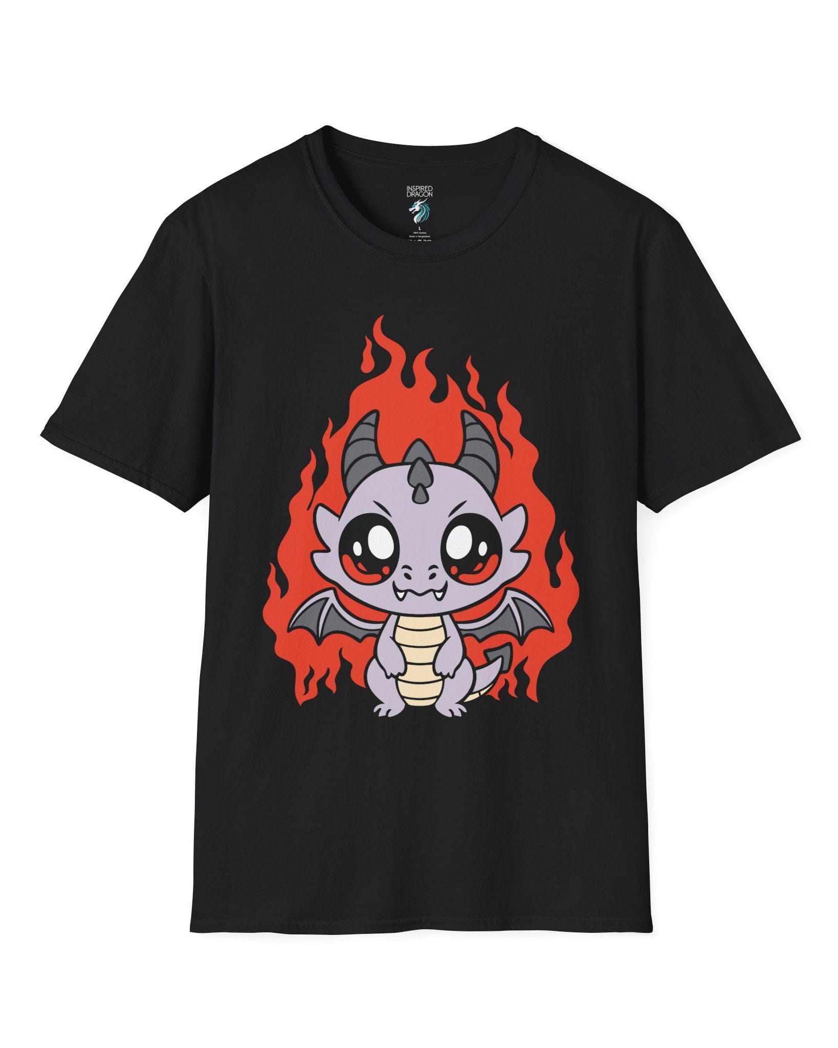 Molten Mischief shirt in black featuring a cute purple chibi dragon with fiery red flames in the background.