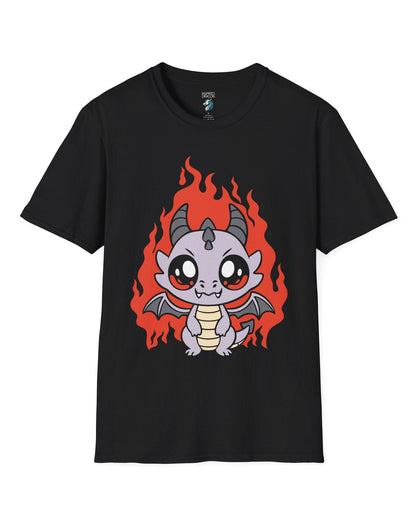 Molten Mischief shirt in black featuring a cute purple chibi dragon with fiery red flames in the background.
