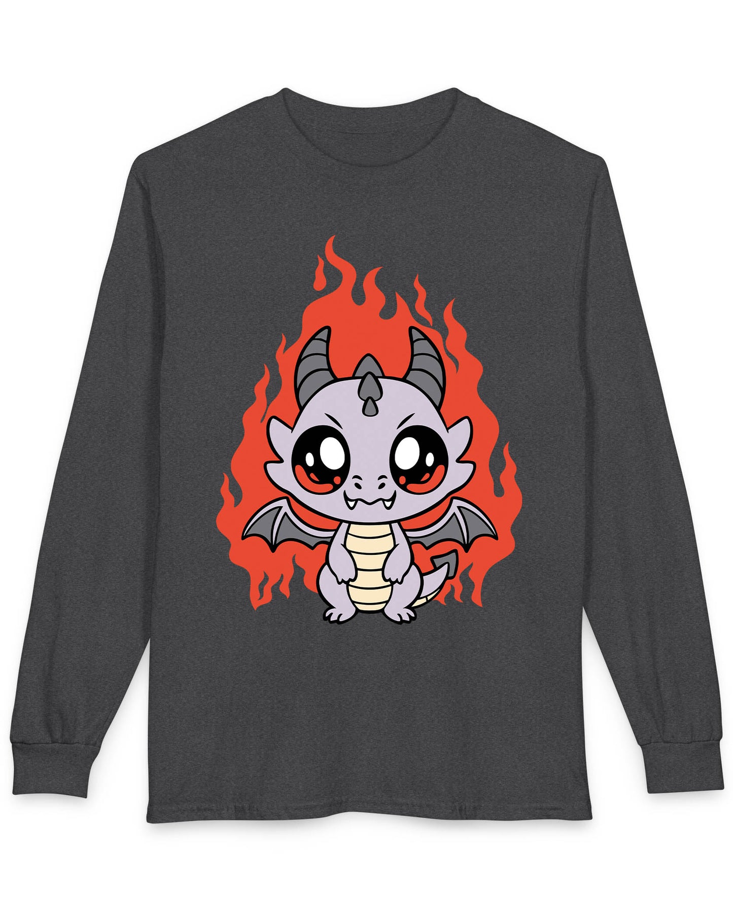 Molten Mischief shirt in dark heather featuring a cute purple chibi dragon with fiery red flames in the background