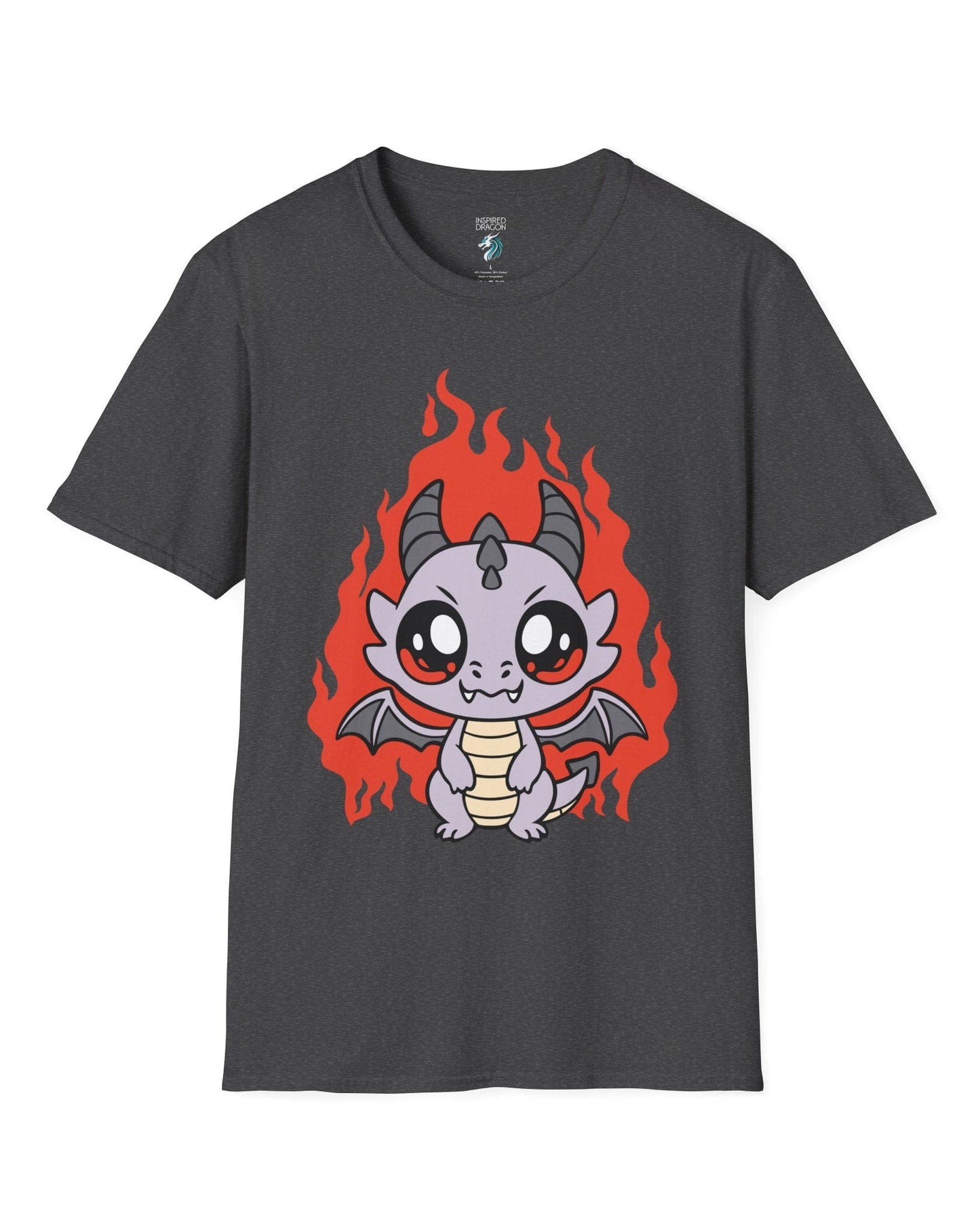 Molten Mischief shirt in dark heather grey featuring a cute purple chibi dragon with fiery red flames in the background.