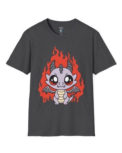 Molten Mischief shirt in dark heather grey featuring a cute purple chibi dragon with fiery red flames in the background.