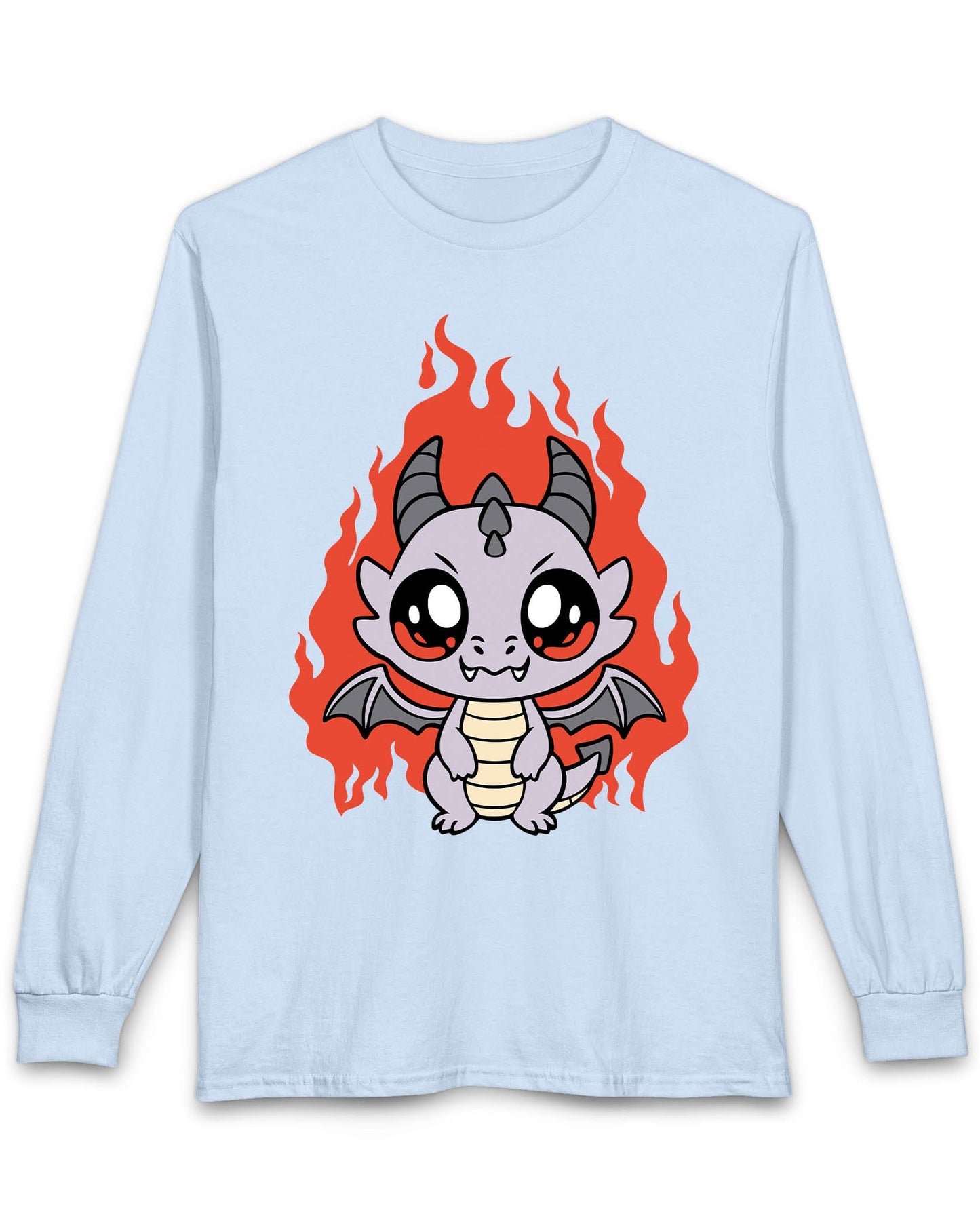 Molten Mischief shirt in light blue featuring a cute purple chibi dragon with fiery red flames in the background