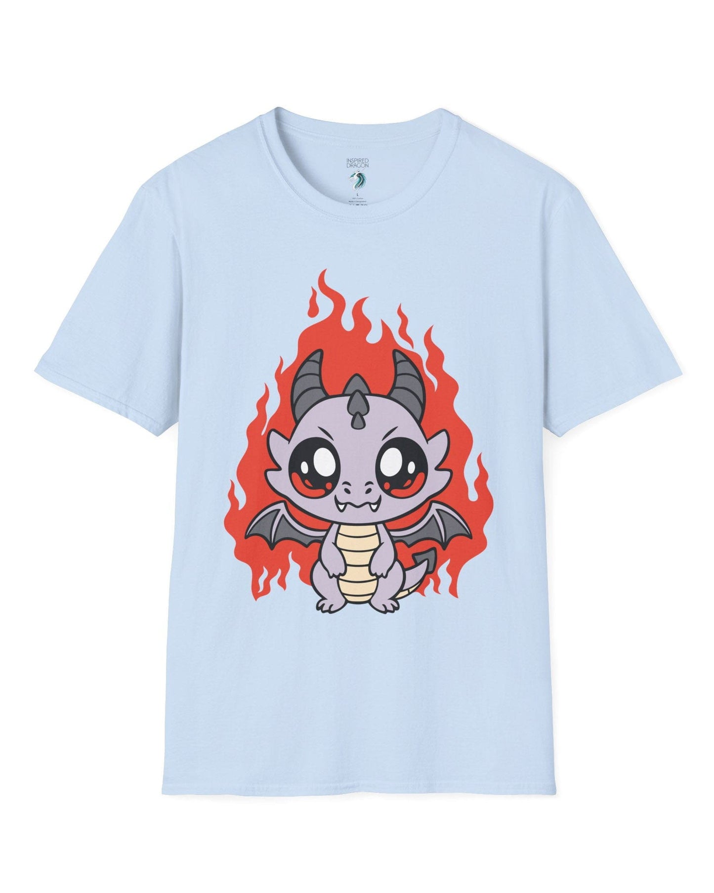 Molten Mischief shirt in light blue featuring a cute purple chibi dragon with fiery red flames in the background.