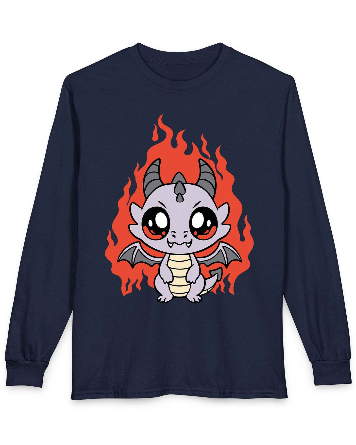 Molten Mischief shirt in navy featuring a cute purple chibi dragon with fiery red flames in the background