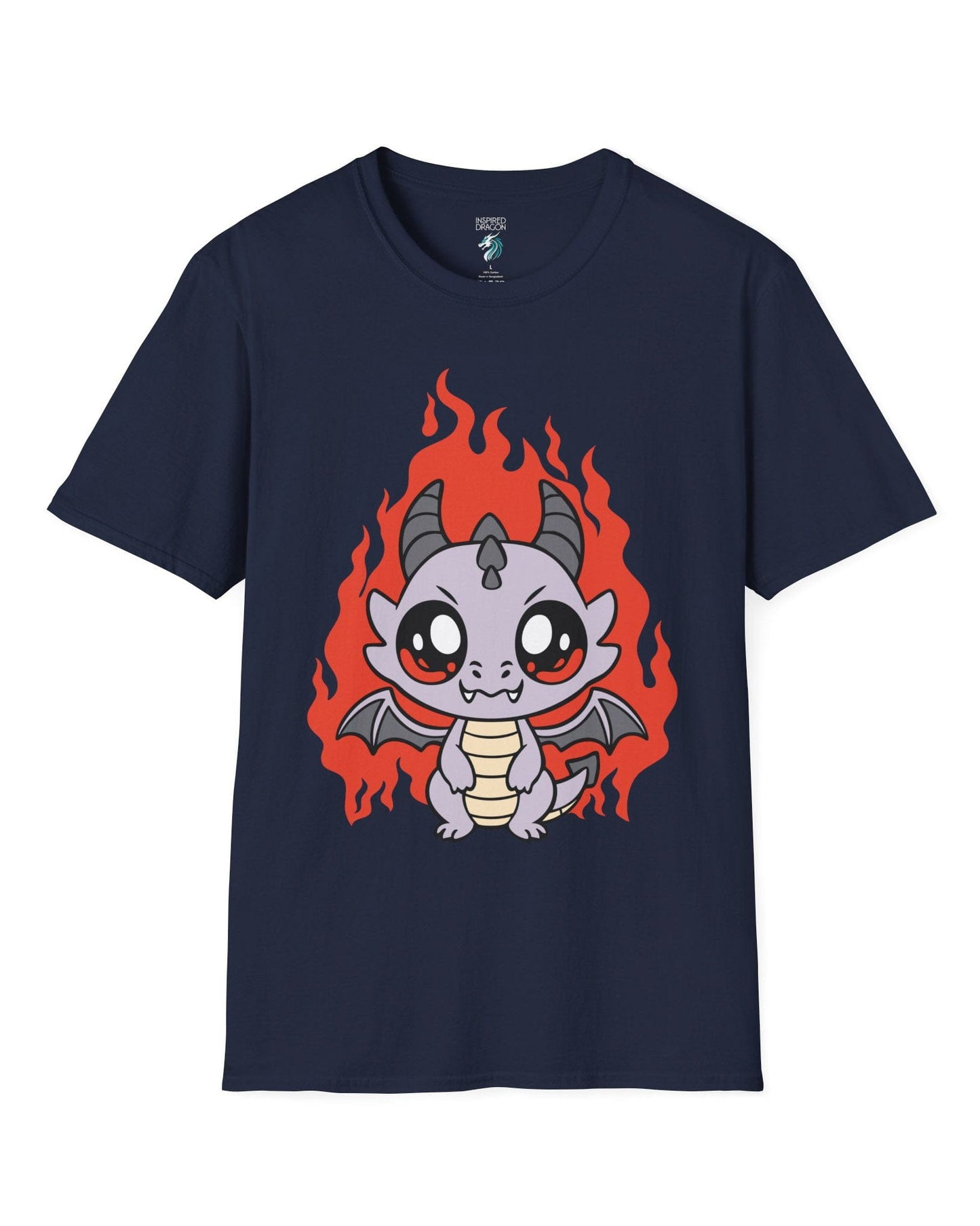 Molten Mischief shirt in navy featuring a cute purple chibi dragon with fiery red flames in the background.
