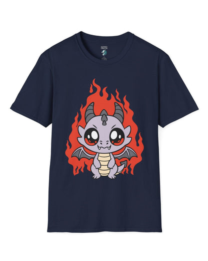Molten Mischief shirt in navy featuring a cute purple chibi dragon with fiery red flames in the background.