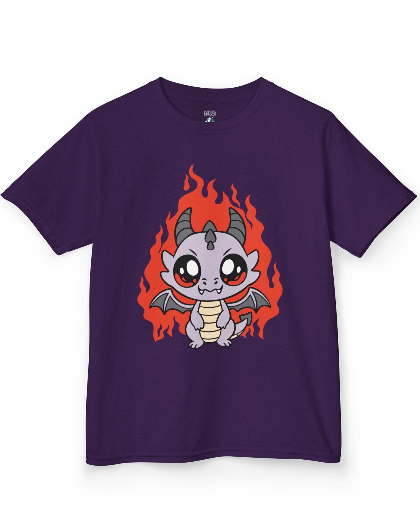 Molten Mischief shirt in purple featuring a cute purple chibi dragon with fiery red flames in the background.