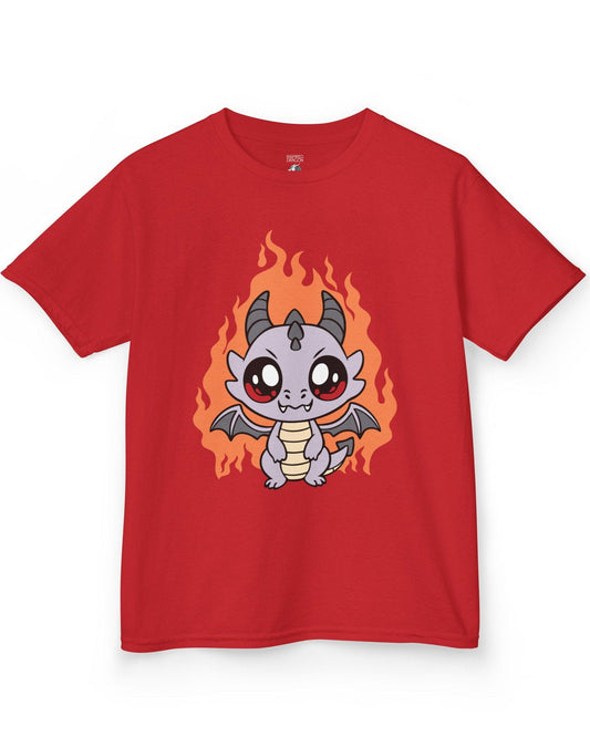 Molten Mischief shirt in red featuring a cute purple chibi dragon with fiery orange flames in the background.
