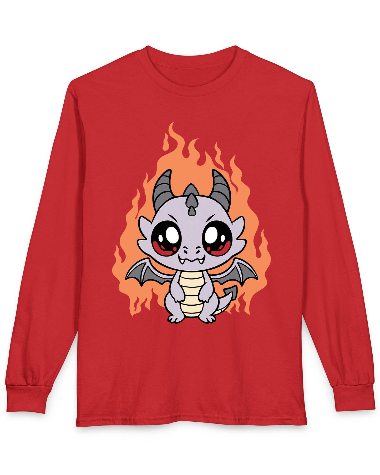 Molten Mischief shirt in red featuring a cute purple chibi dragon with fiery red flames in the background
