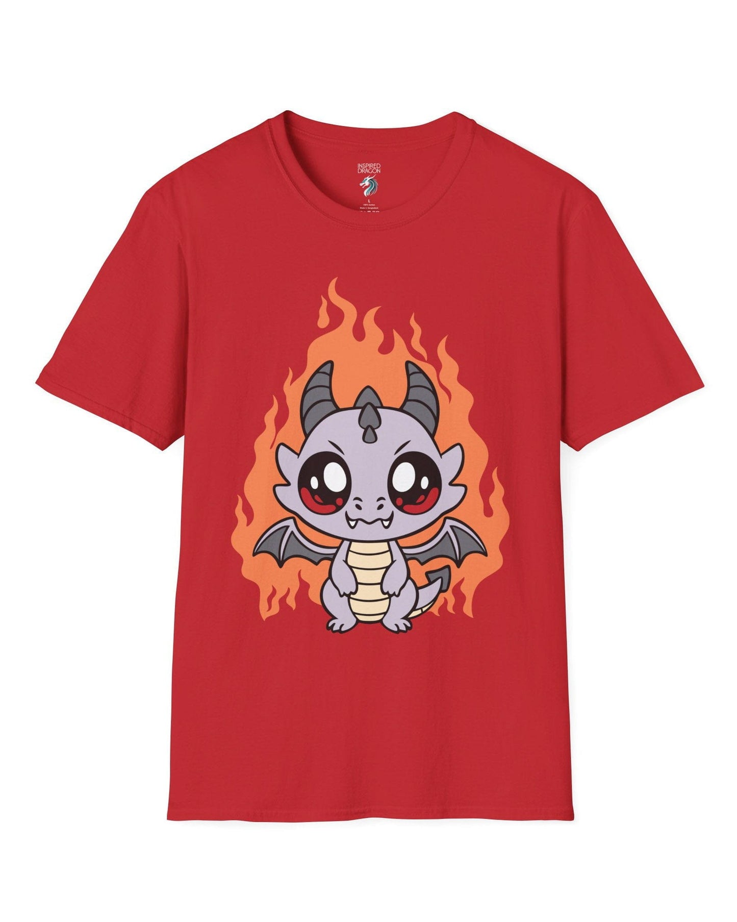 Molten Mischief shirt in red featuring a cute purple chibi dragon with fiery red flames in the background.
