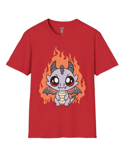 Molten Mischief shirt in red featuring a cute purple chibi dragon with fiery red flames in the background.