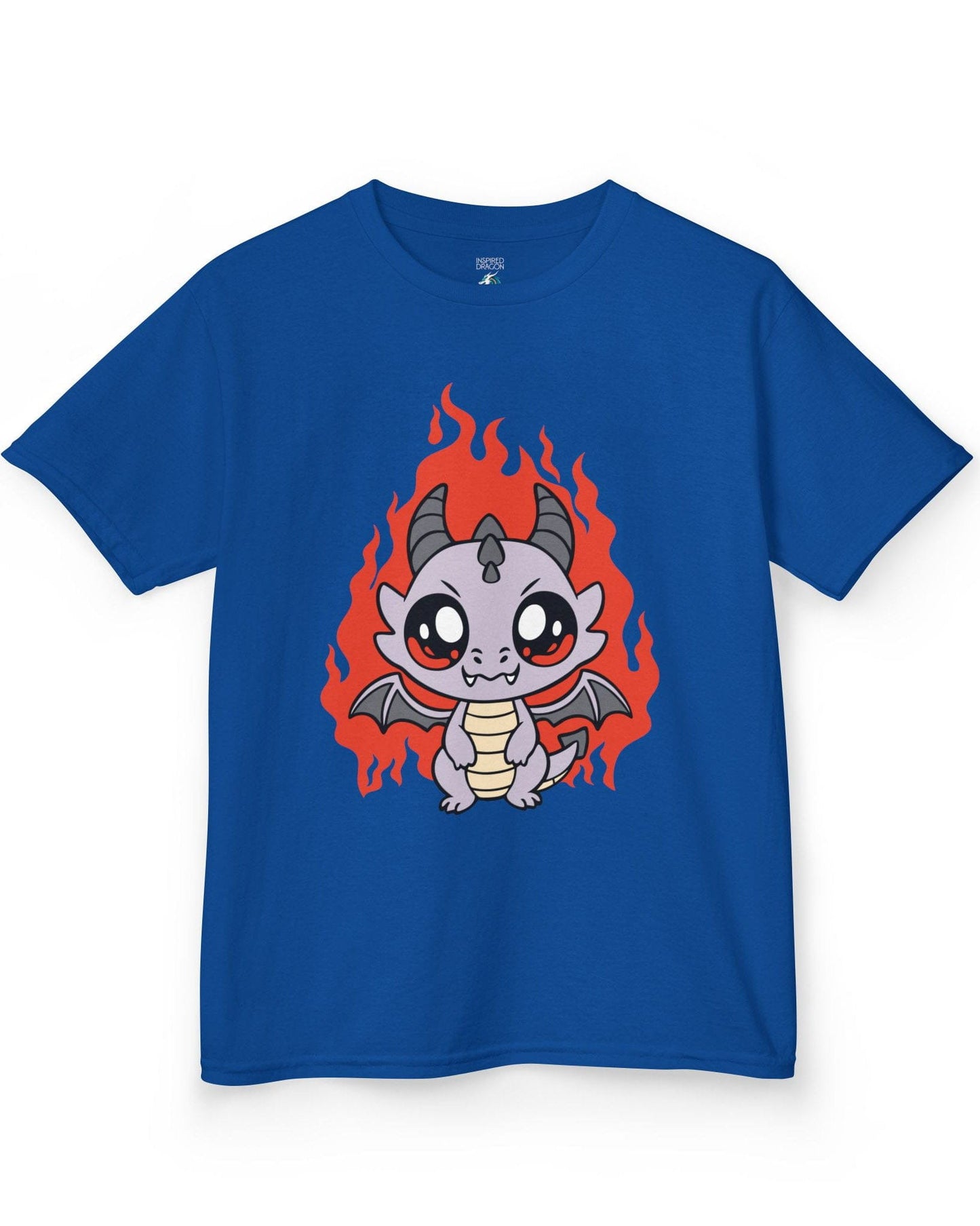 Molten Mischief shirt in royal blue featuring a cute purple chibi dragon with fiery red flames in the background.