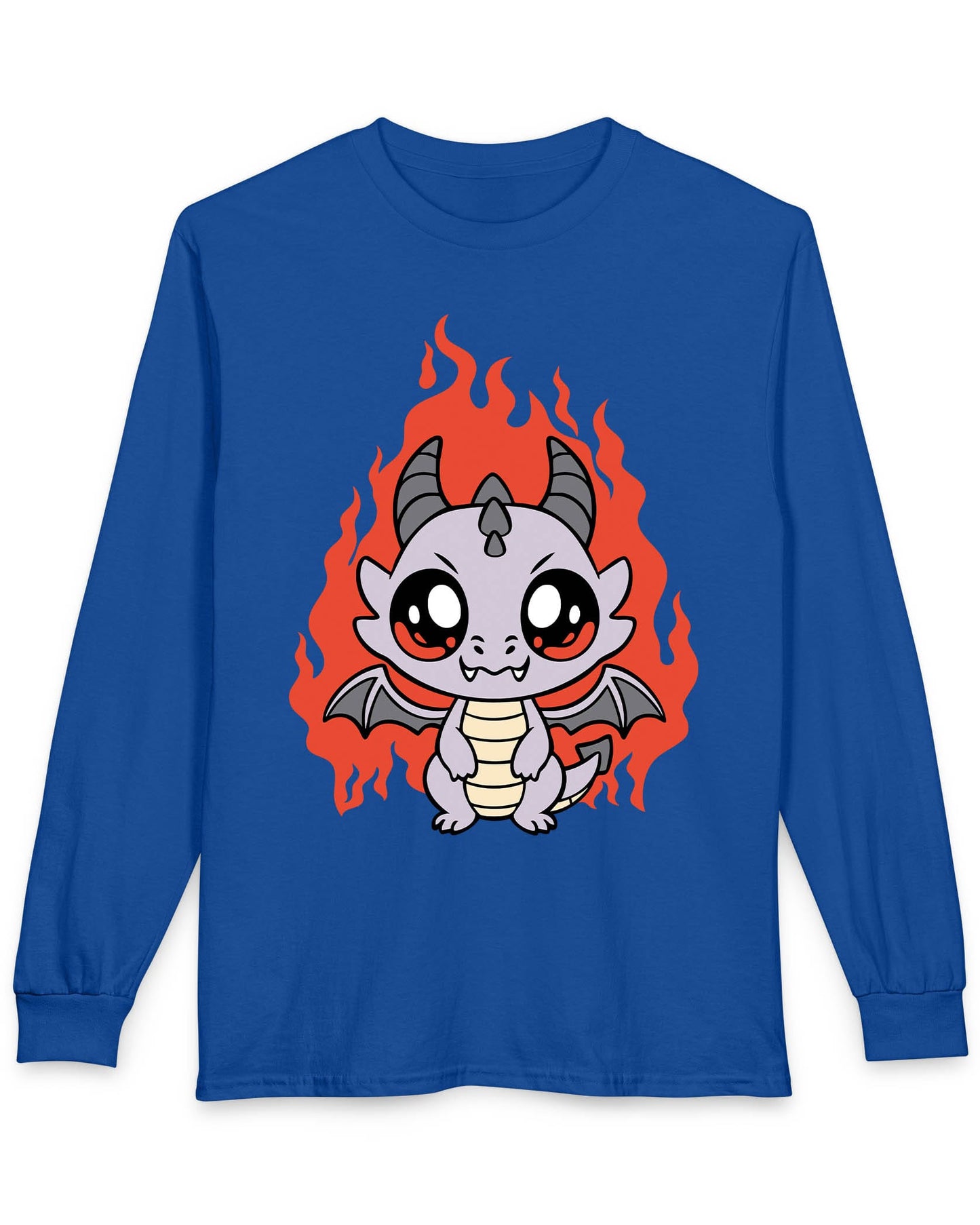 Molten Mischief shirt in royal blue featuring a cute purple chibi dragon with fiery red flames in the background