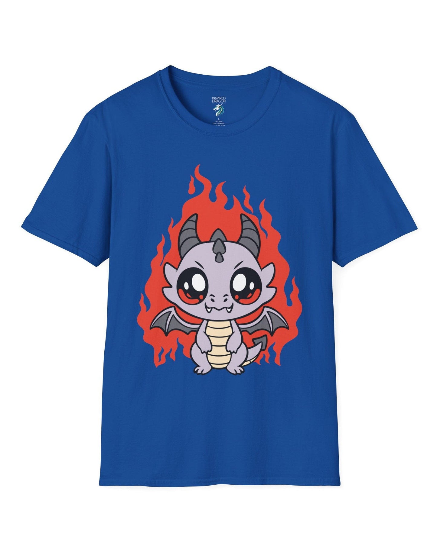Molten Mischief shirt in royal blue featuring a cute purple chibi dragon with fiery red flames in the background.