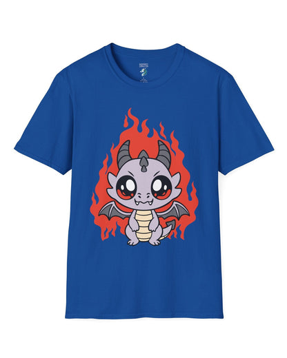 Molten Mischief shirt in royal blue featuring a cute purple chibi dragon with fiery red flames in the background.