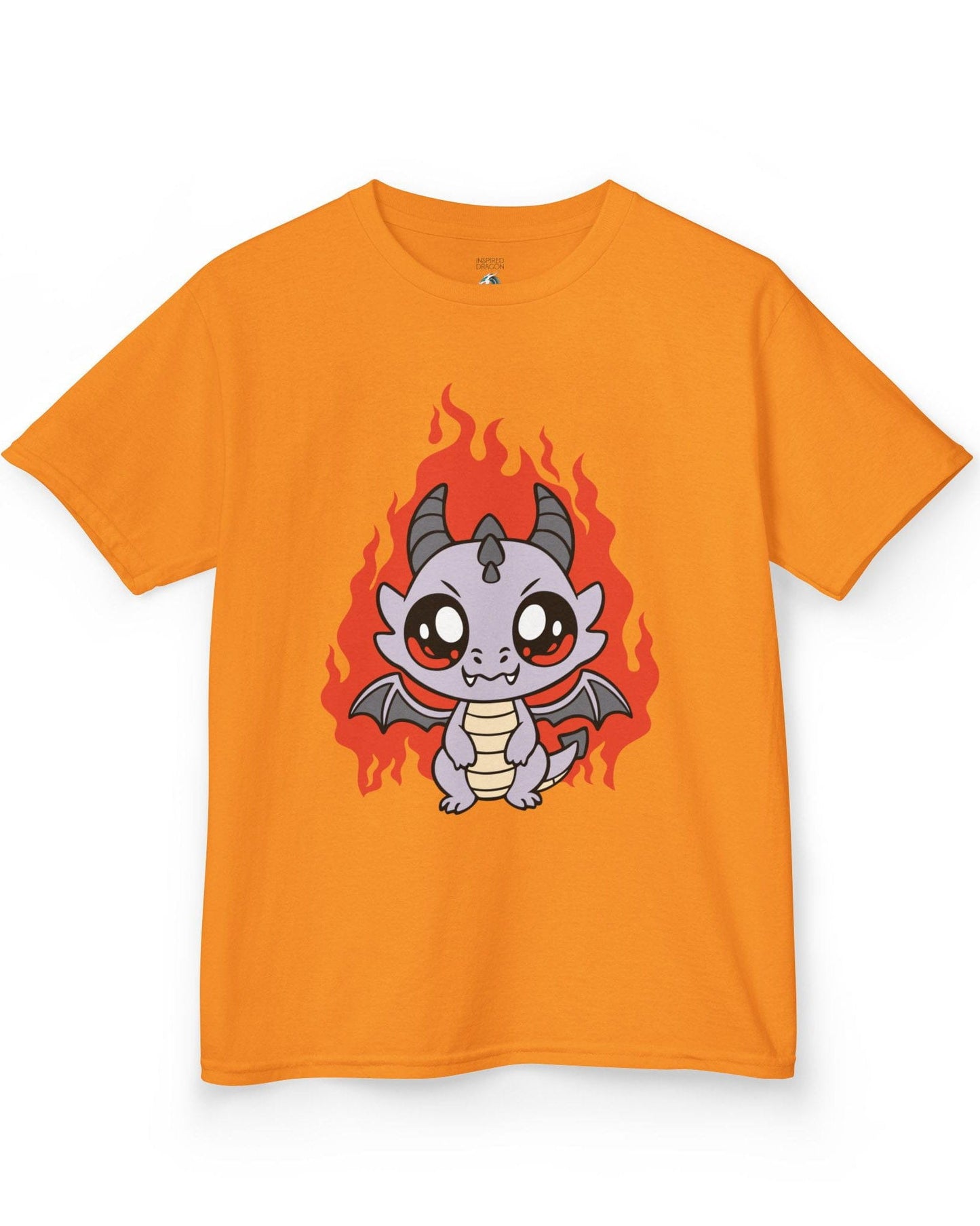Molten Mischief shirt in orange featuring a cute purple chibi dragon with fiery red flames in the background.