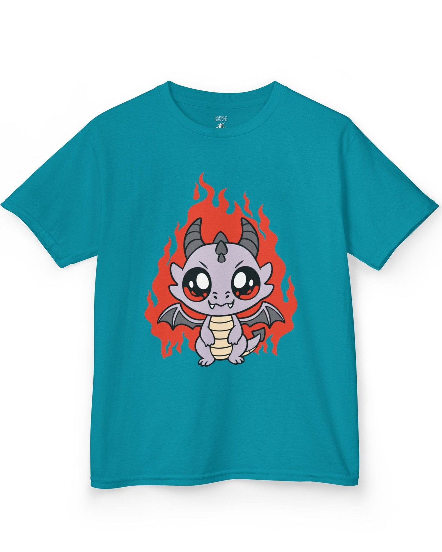 Molten Mischief shirt in tropical blue featuring a cute purple chibi dragon with fiery red flames in the background.