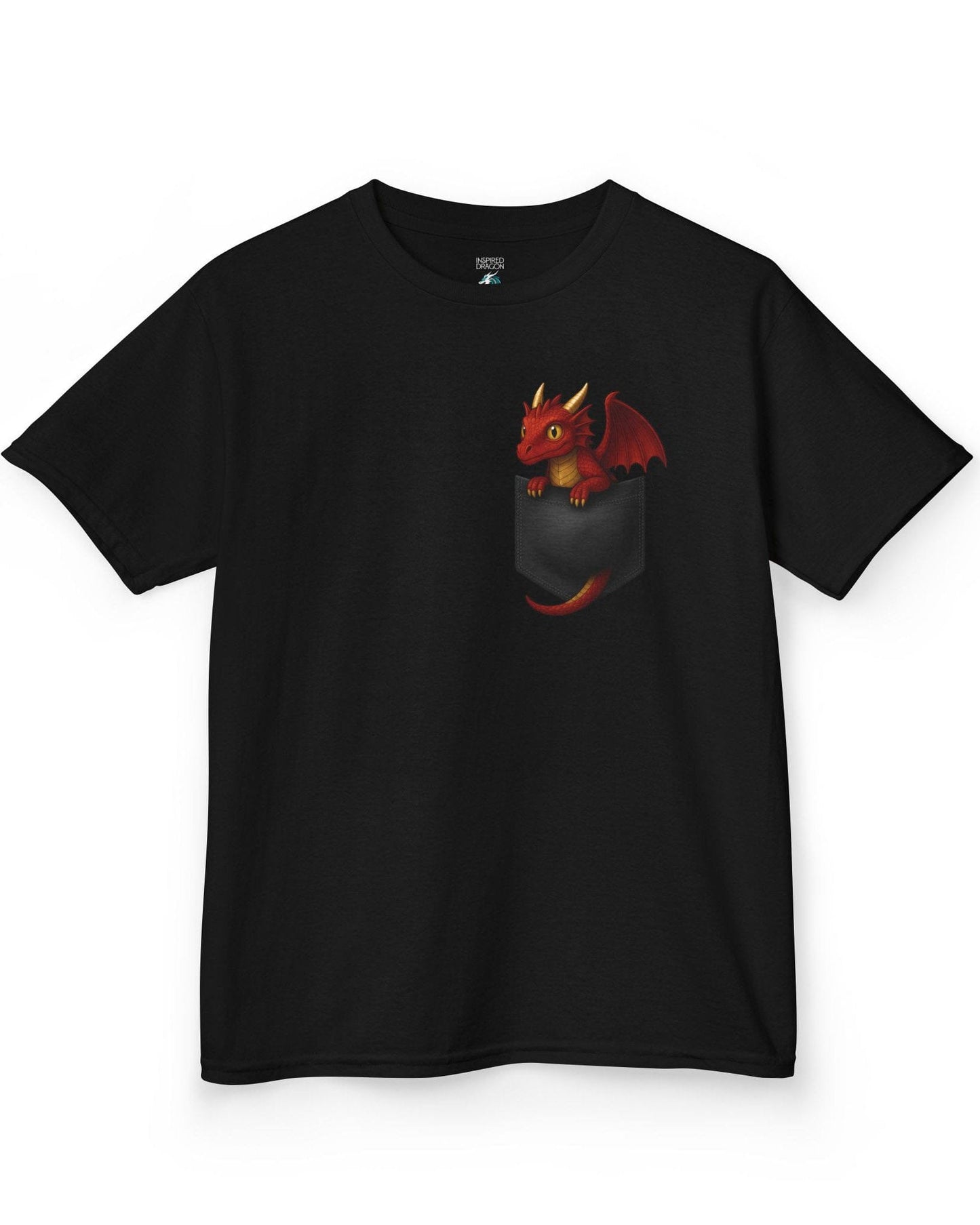Red Pocket Dragon shirt in black featuring a small red dragon peeking out of a faux pocket.