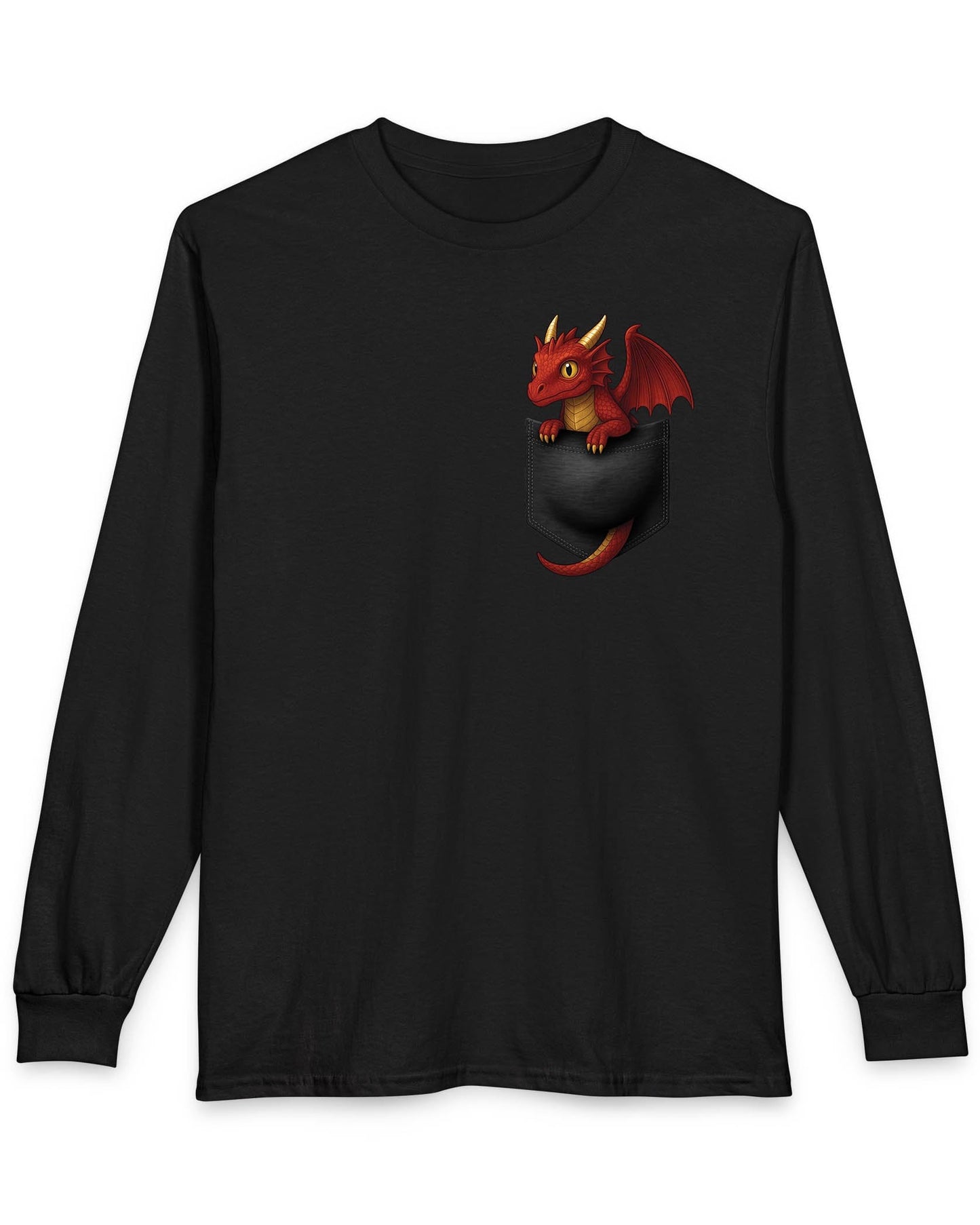 Red Pocket Dragon shirt in black featuring a small red dragon peeking out of a faux pocket.