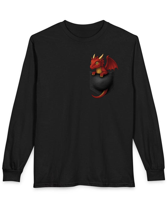 Red Pocket Dragon shirt in black featuring a small red dragon peeking out of a faux pocket.