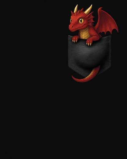 Red Pocket Dragon shirt in black featuring a small red dragon peeking out of a faux pocket.