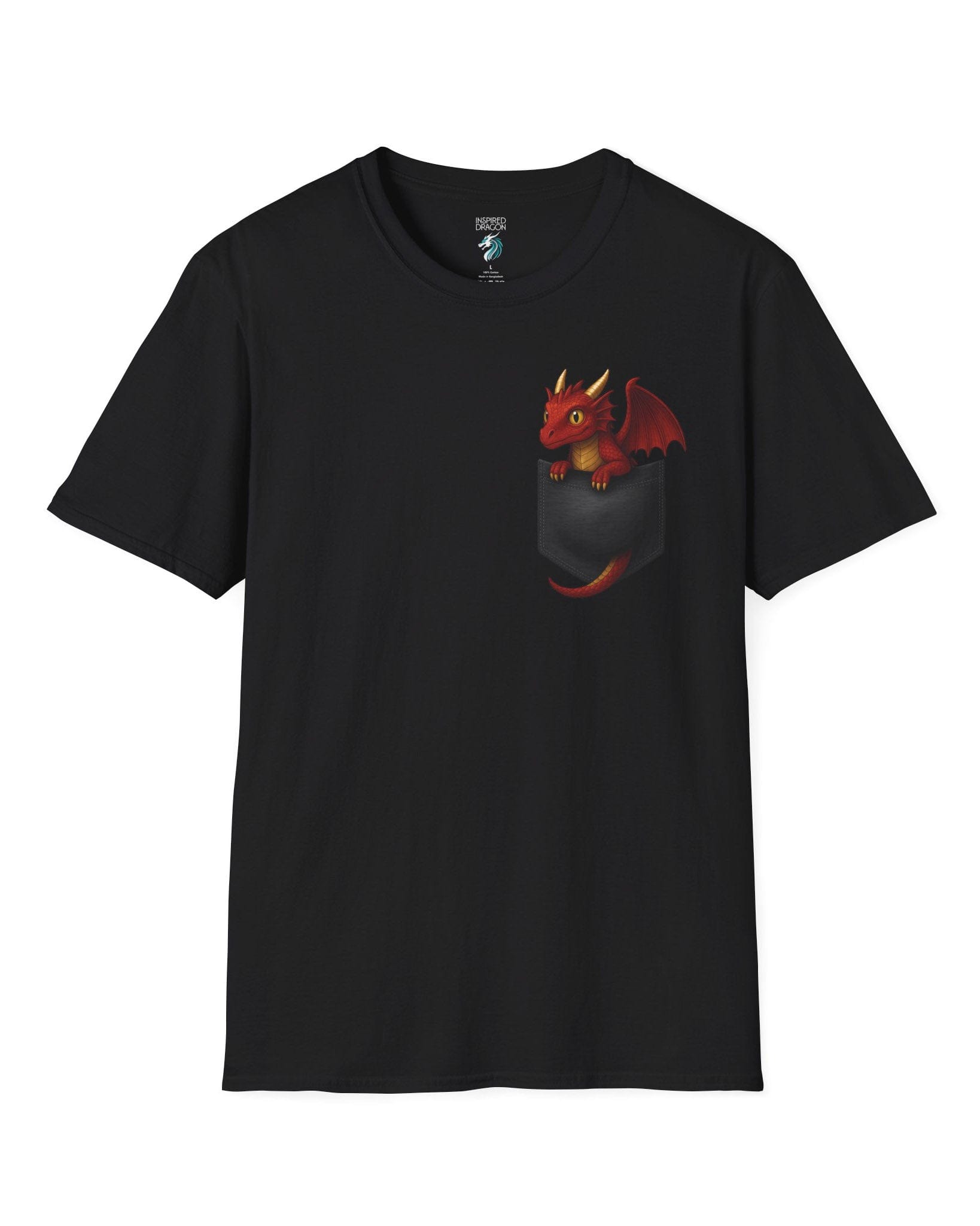 Red Pocket Dragon shirt in black featuring a small red dragon peeking out of a faux pocket.