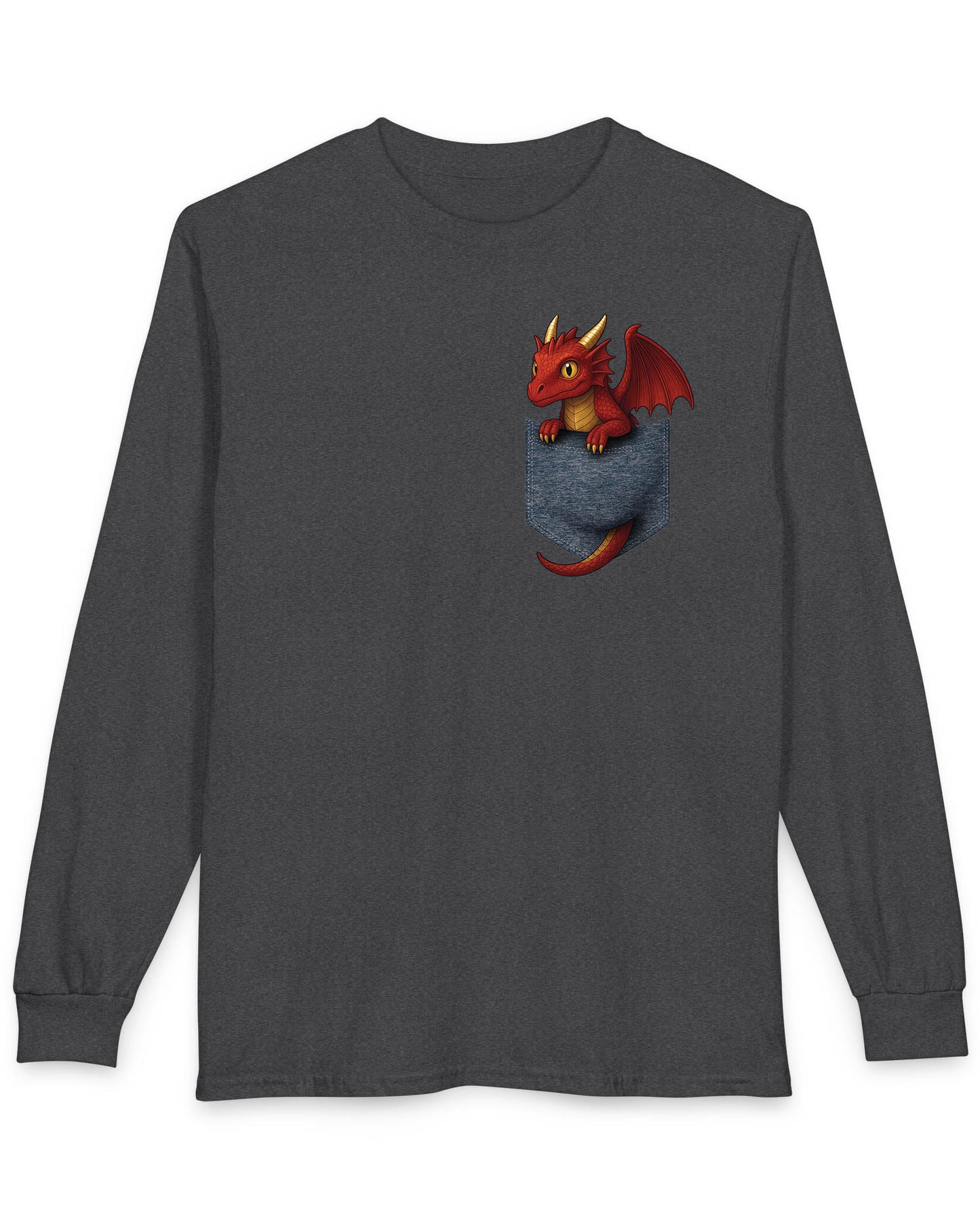 Red Pocket Dragon shirt in dark heather grey featuring a small red dragon peeking out of a faux pocket.