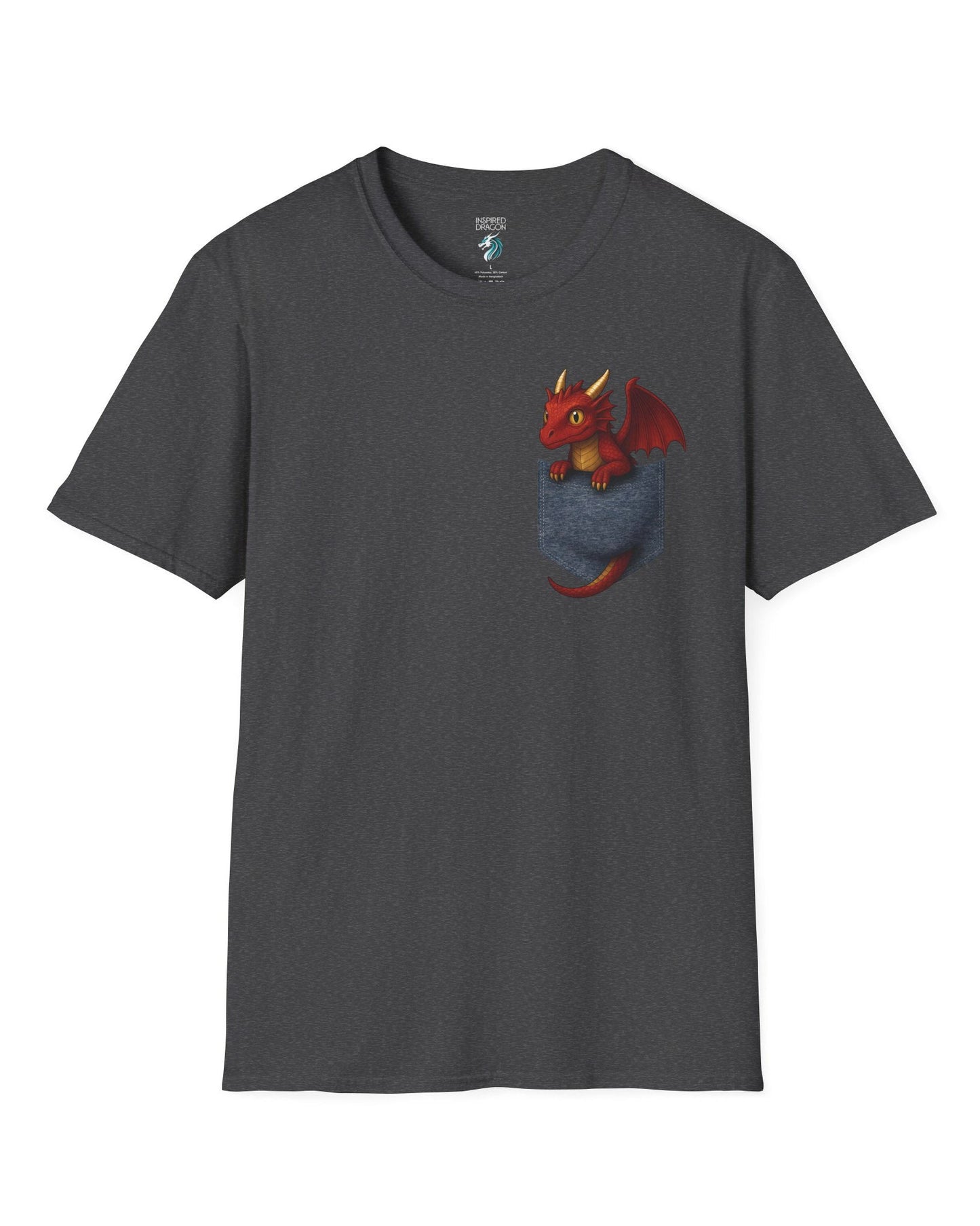 Red Pocket Dragon shirt in dark heather grey featuring a small red dragon peeking out of a faux pocket.