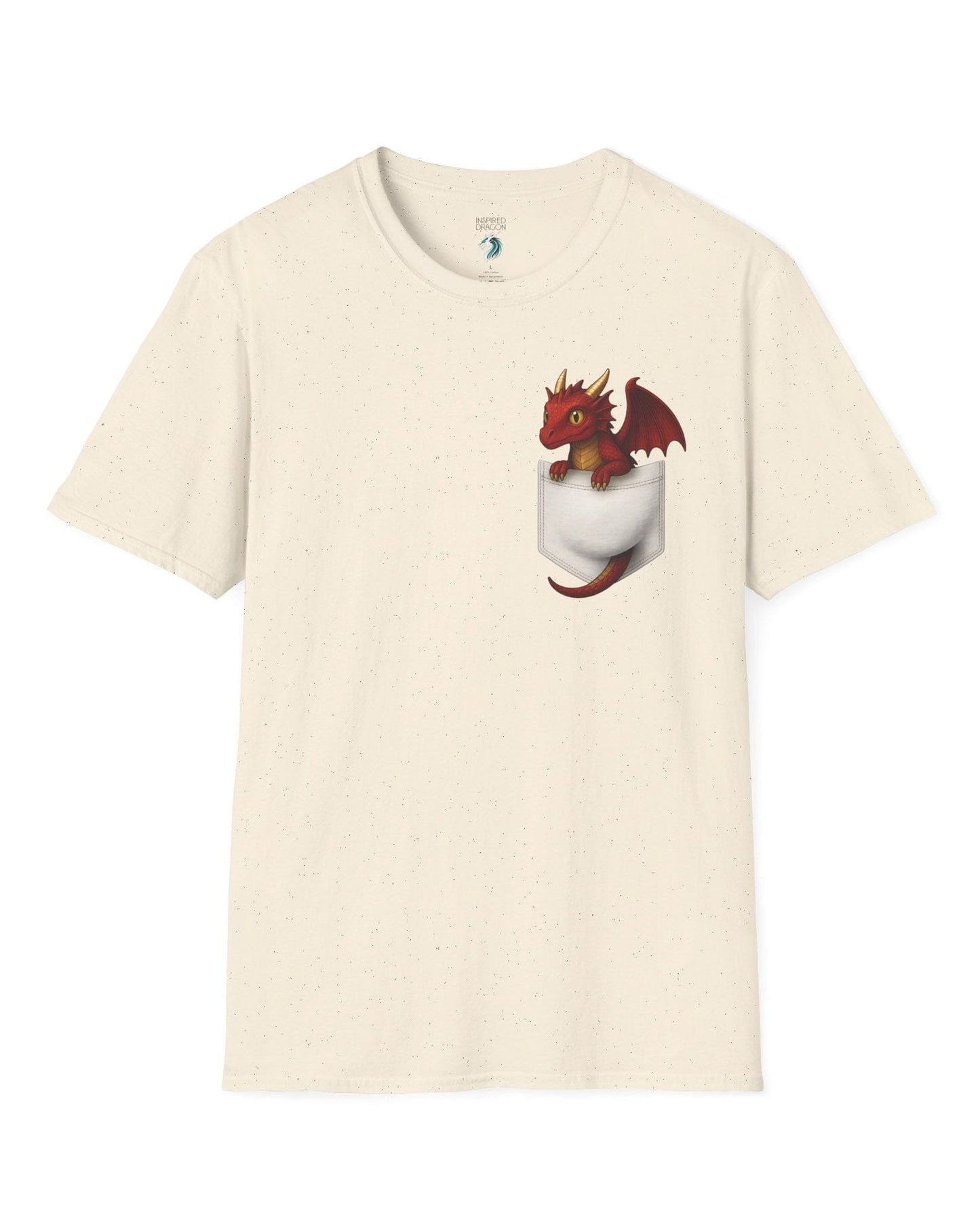 Red Pocket Dragon shirt in natural featuring a small red dragon peeking out of a faux pocket.