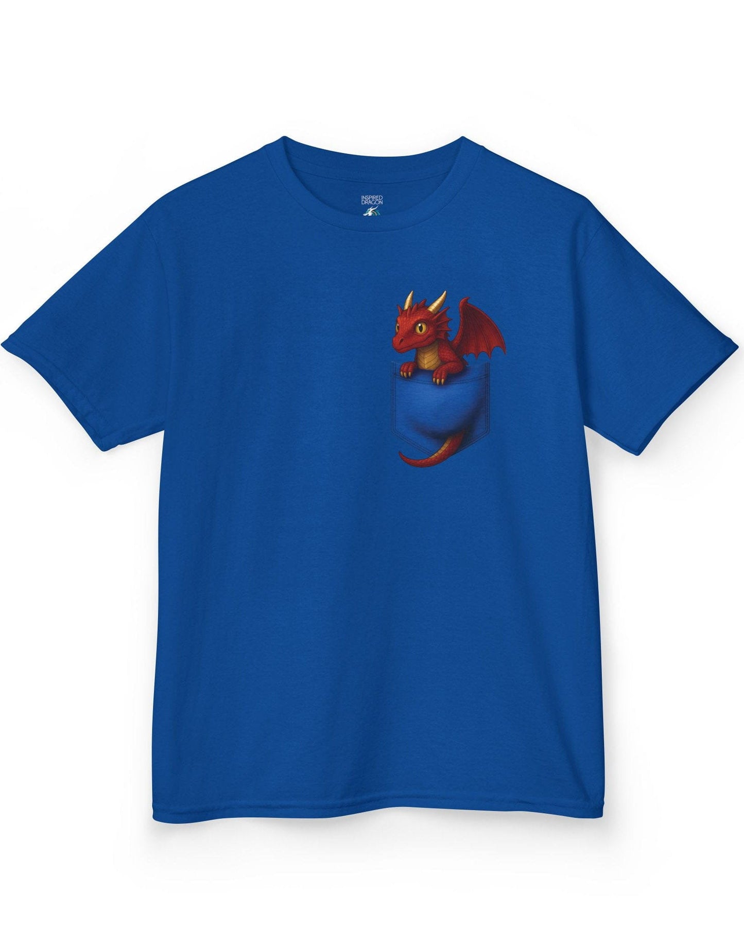 Red Pocket Dragon shirt in royal blue featuring a small red dragon peeking out of a faux pocket.