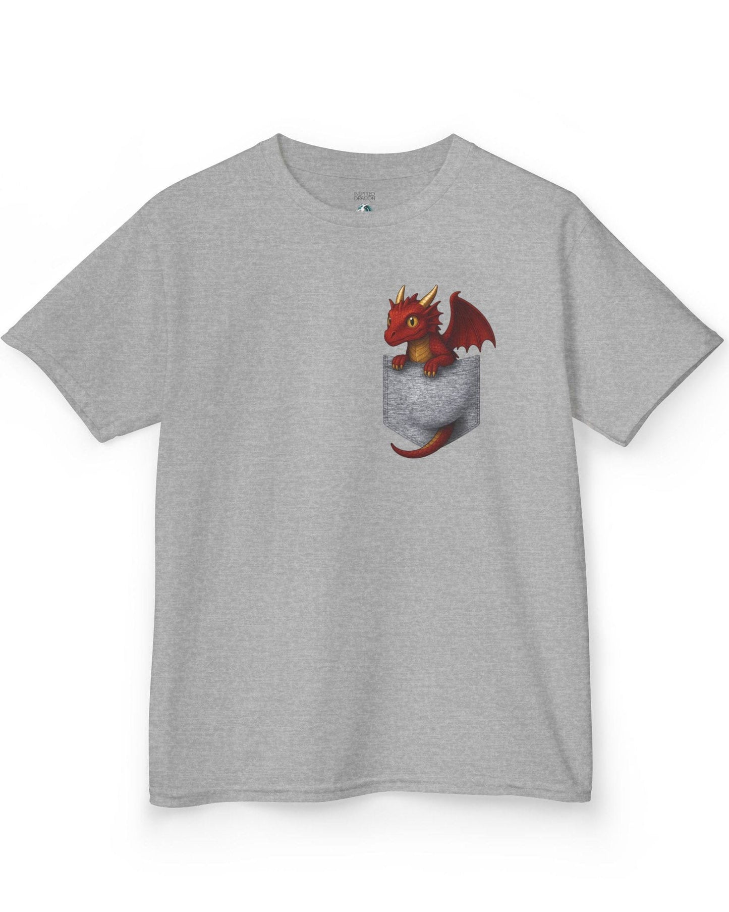 Red Pocket Dragon shirt in sport grey featuring a small red dragon peeking out of a faux pocket.