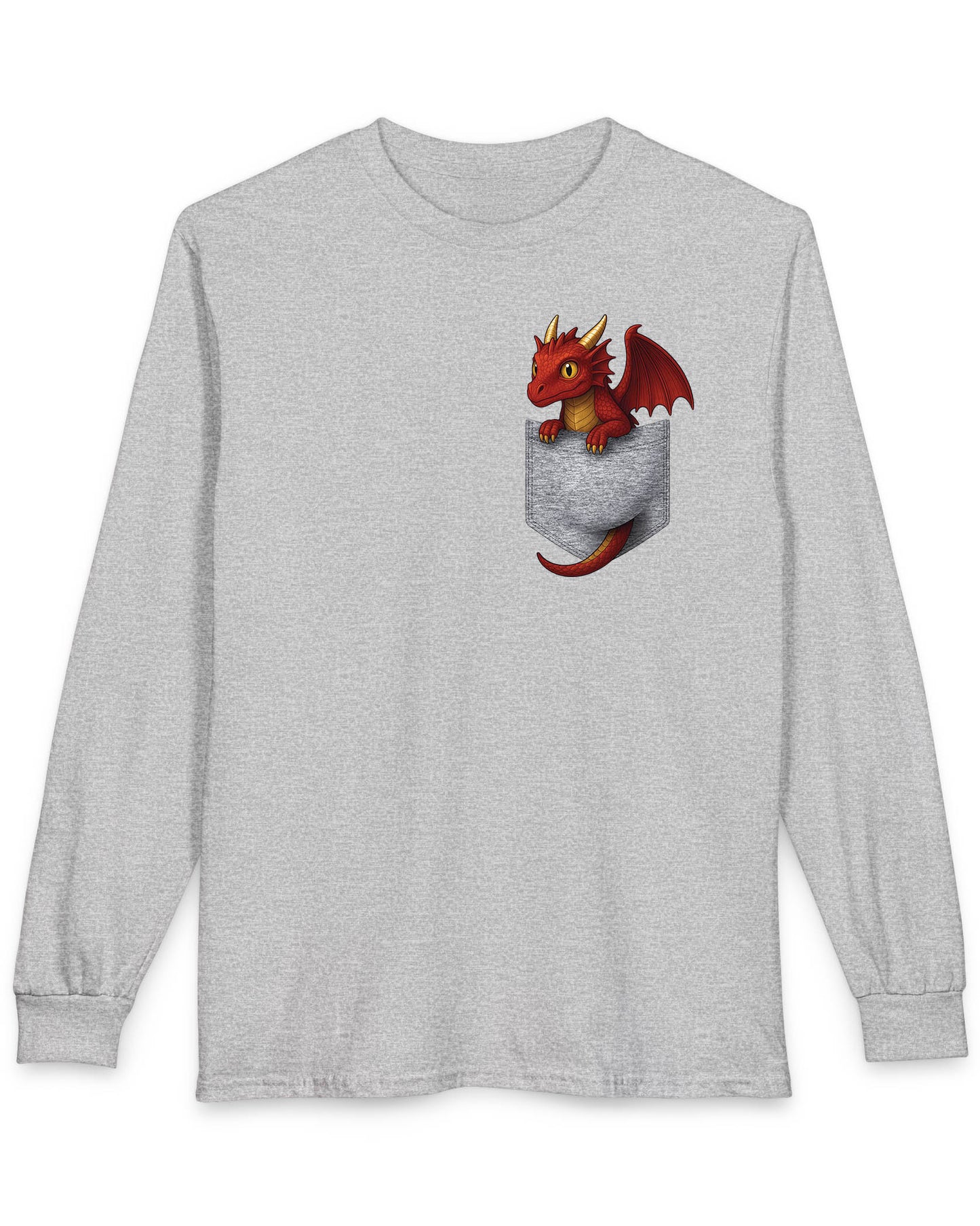Red Pocket Dragon shirt in sport grey featuring a small red dragon peeking out of a faux pocket.