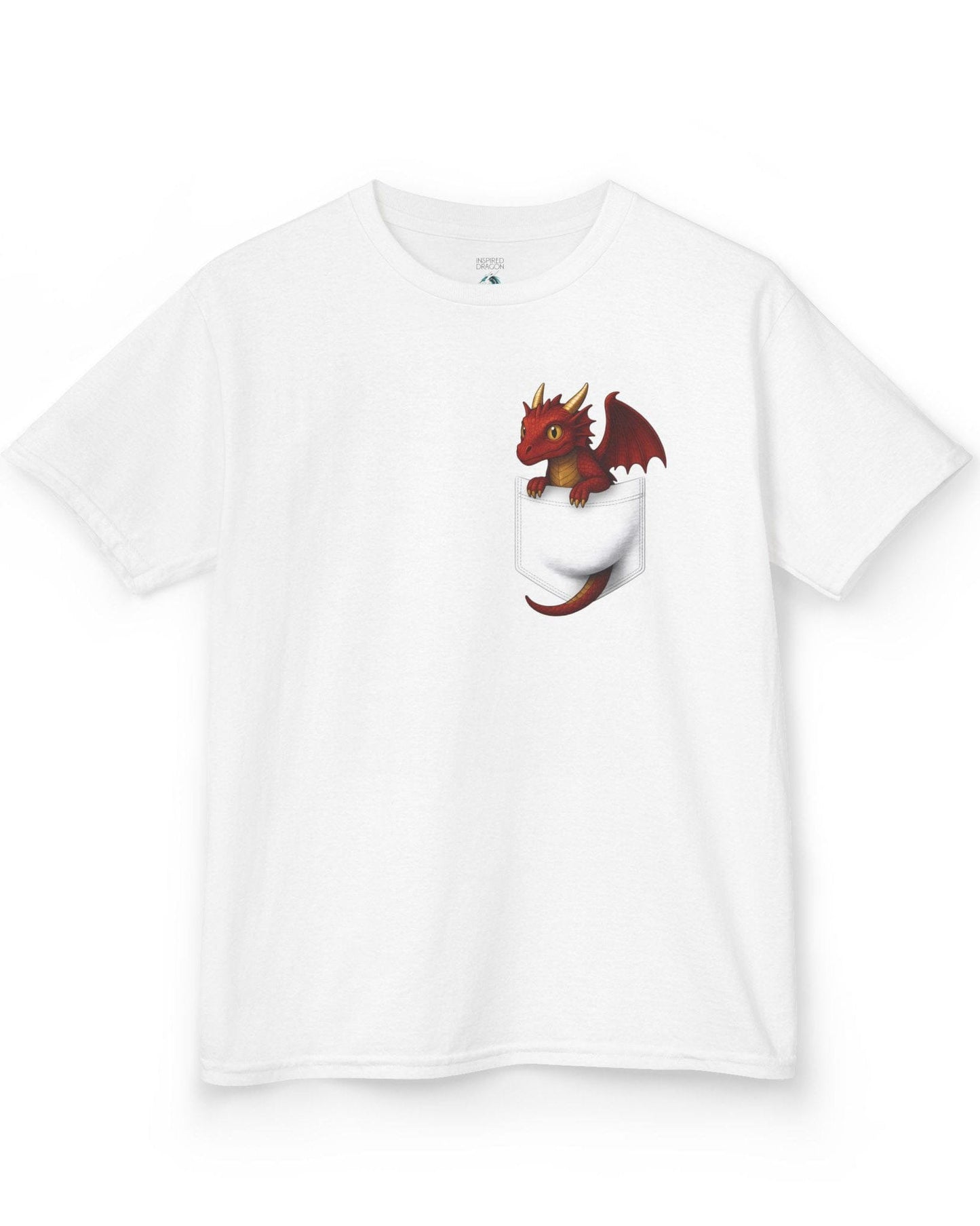 Red Pocket Dragon shirt in white featuring a small red dragon peeking out of a faux pocket.