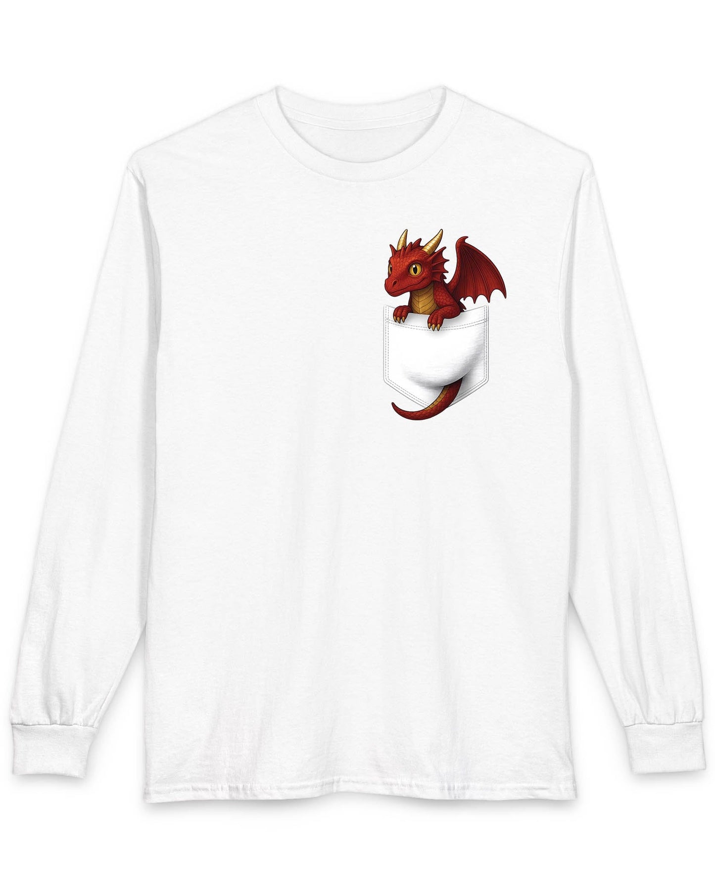 Red Pocket Dragon shirt in white featuring a small red dragon peeking out of a faux pocket.