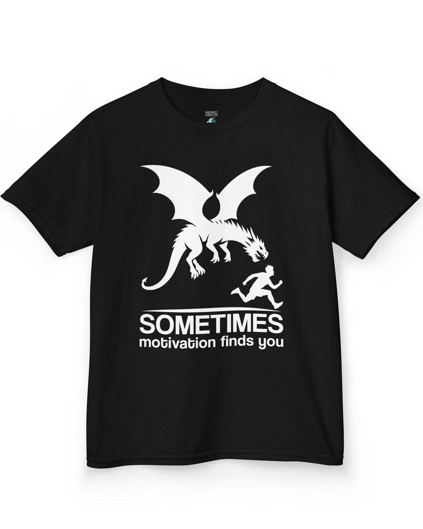 Sometimes Motivation Finds You shirt in black featuring a dragon chasing a running person in bold silhouette.