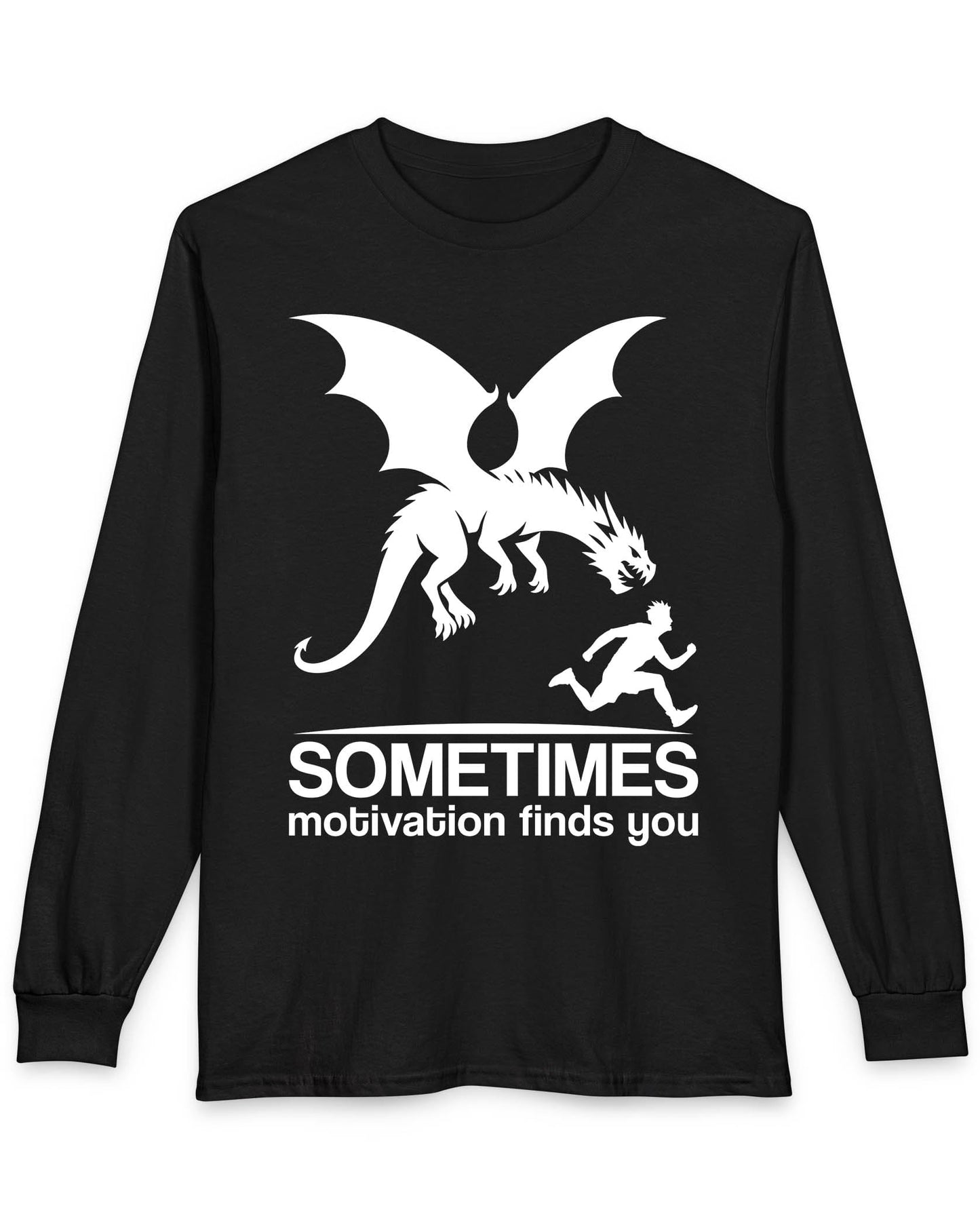 Sometimes Motivation Finds You shirt in black featuring a dragon chasing a running person in bold silhouette.