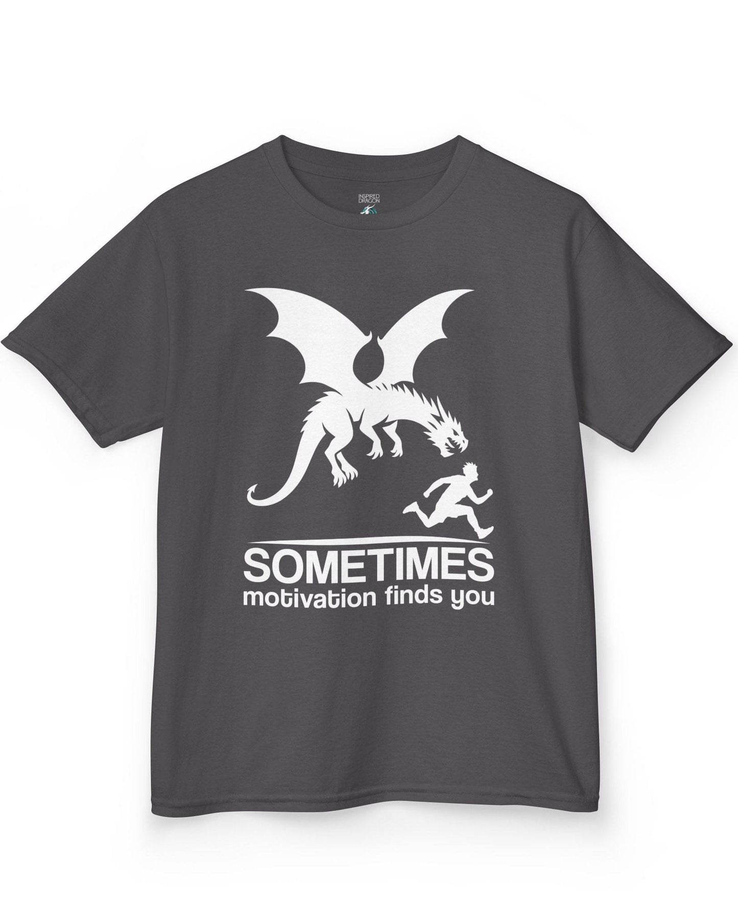 Sometimes Motivation Finds You shirt in charcoal featuring a dragon chasing a running person in bold silhouette.