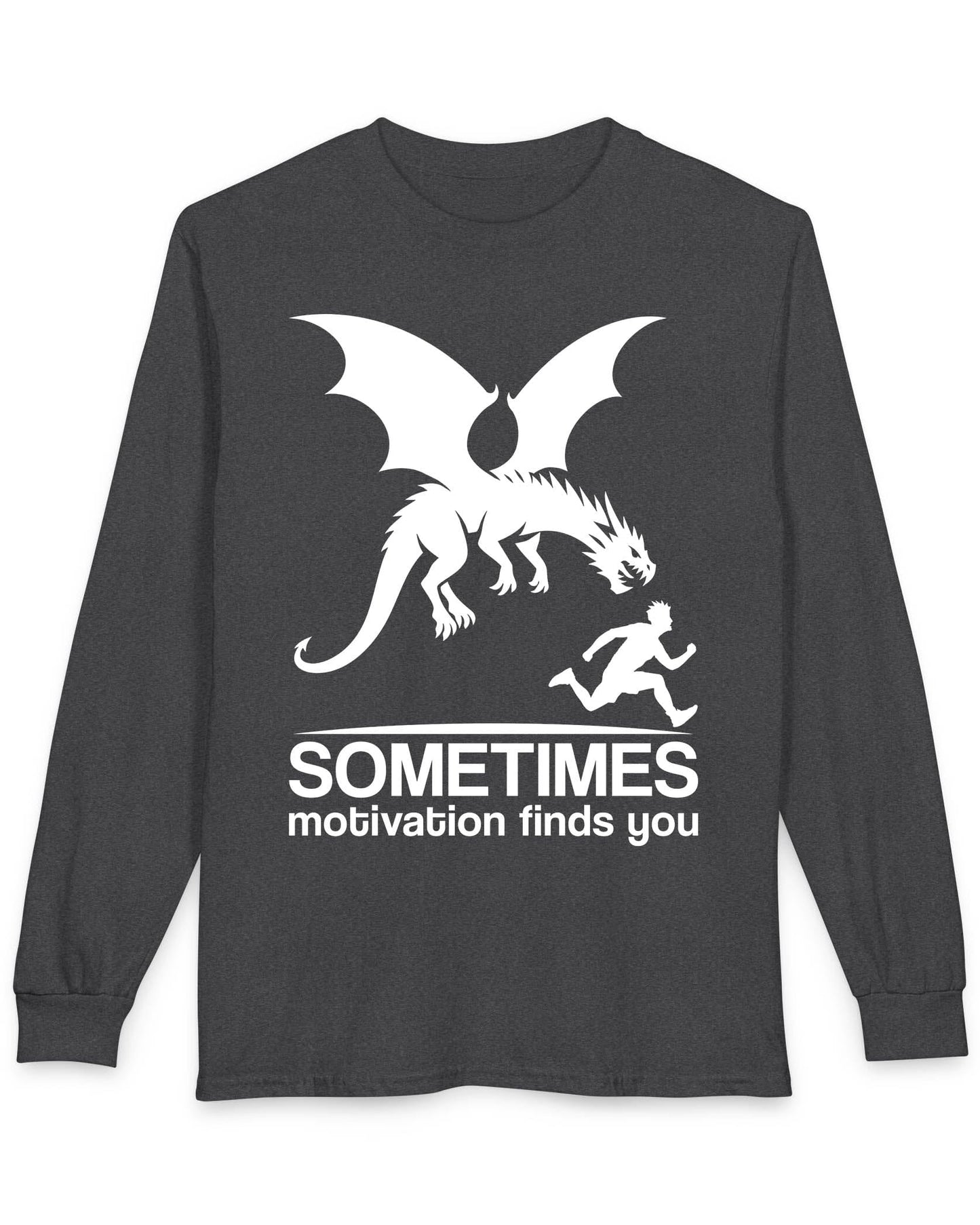 Sometimes Motivation Finds You shirt in dark heather grey featuring a dragon chasing a running person in bold silhouette.