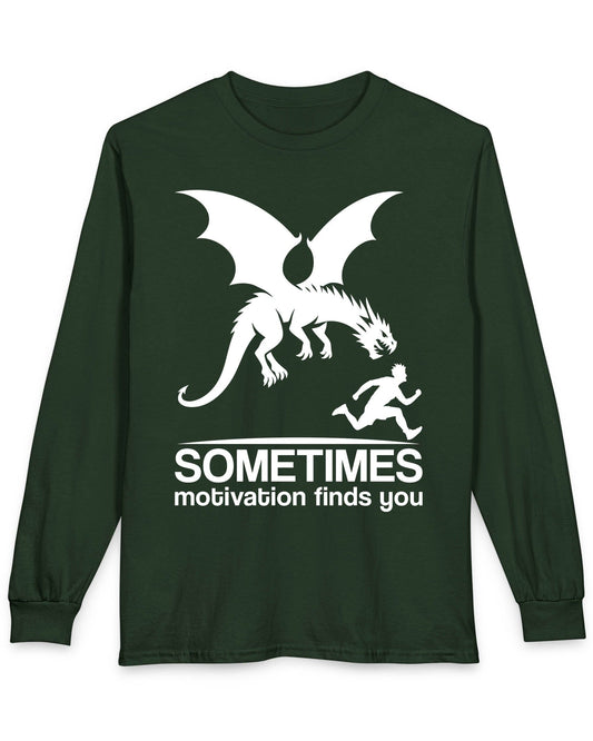 Sometimes Motivation Finds You shirt in forest green featuring a dragon chasing a running person in bold silhouette.