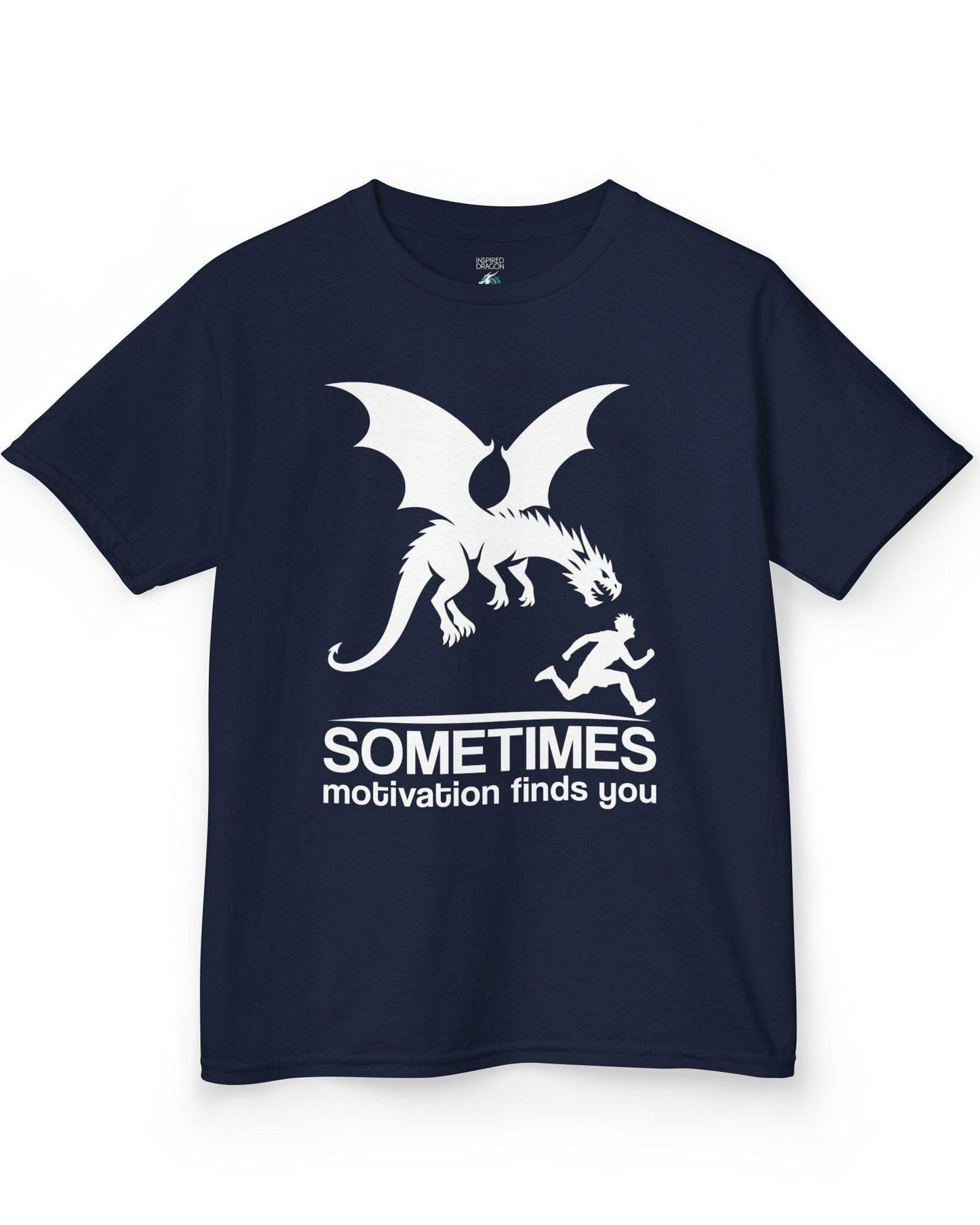 Sometimes Motivation Finds You shirt in navy featuring a dragon chasing a running person in bold silhouette.