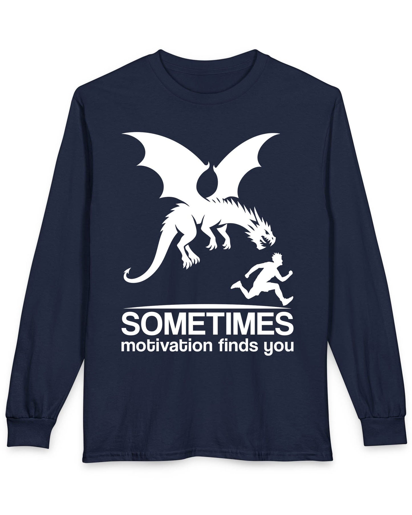 Sometimes Motivation Finds You shirt in navy featuring a dragon chasing a running person in bold silhouette.