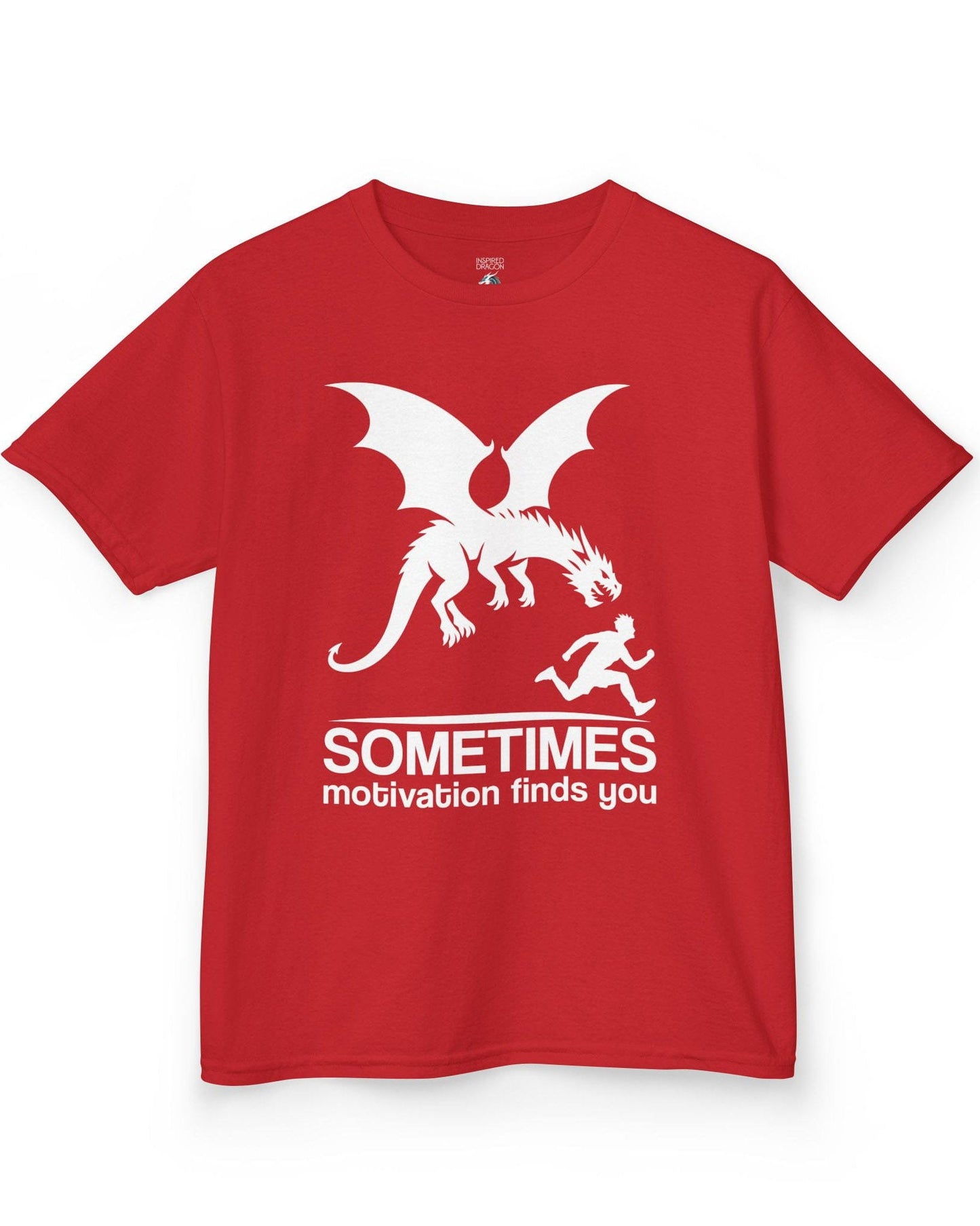 Sometimes Motivation Finds You shirt in red featuring a dragon chasing a running person in bold silhouette.