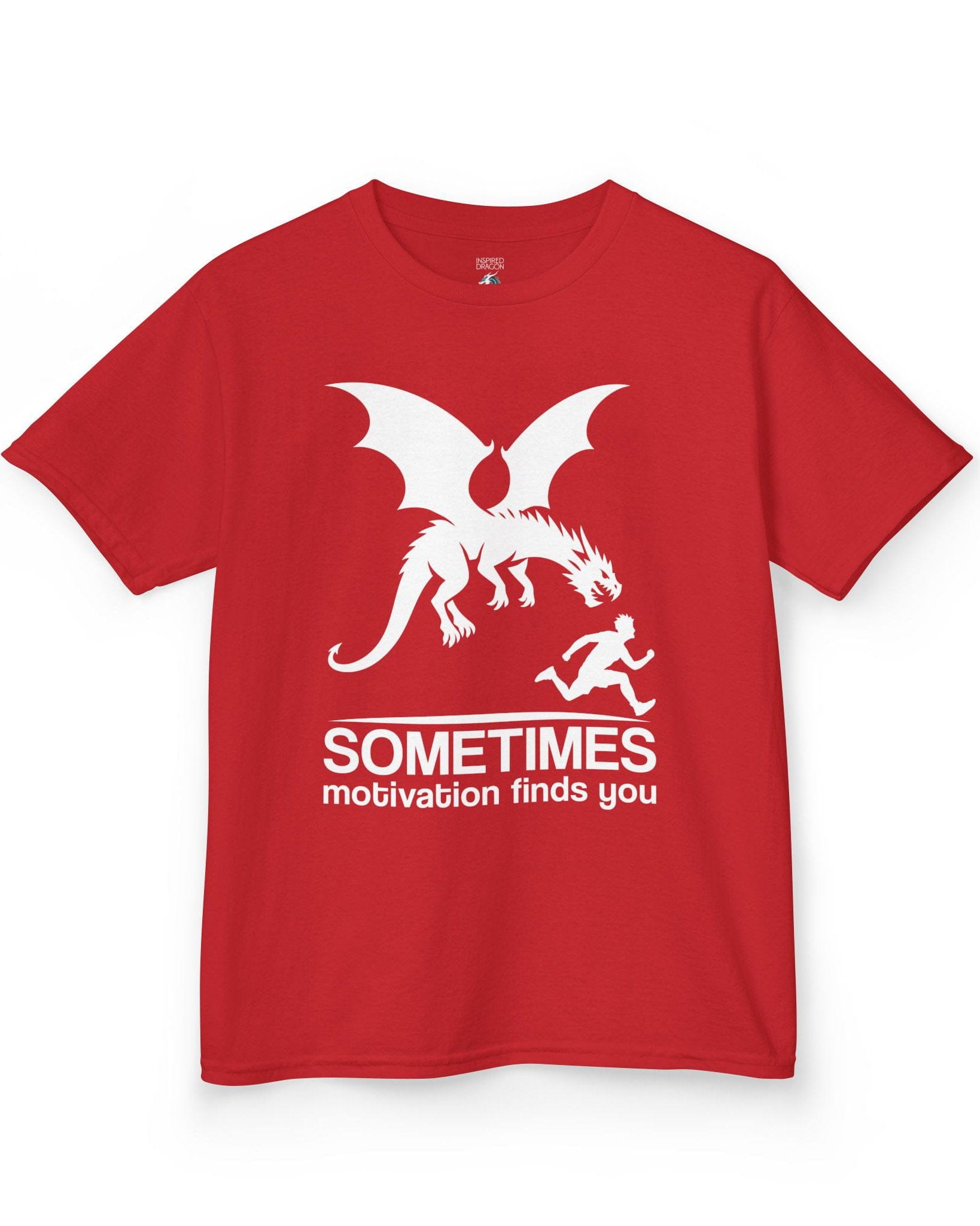Sometimes Motivation Finds You shirt in red featuring a dragon chasing a running person in bold silhouette.