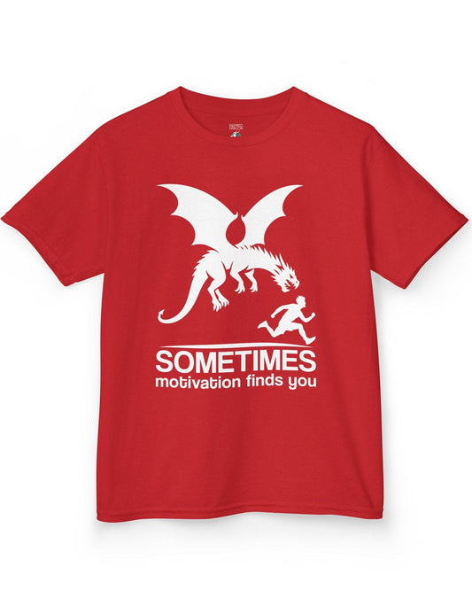 Sometimes Motivation Finds You shirt in red featuring a dragon chasing a running person in bold silhouette.