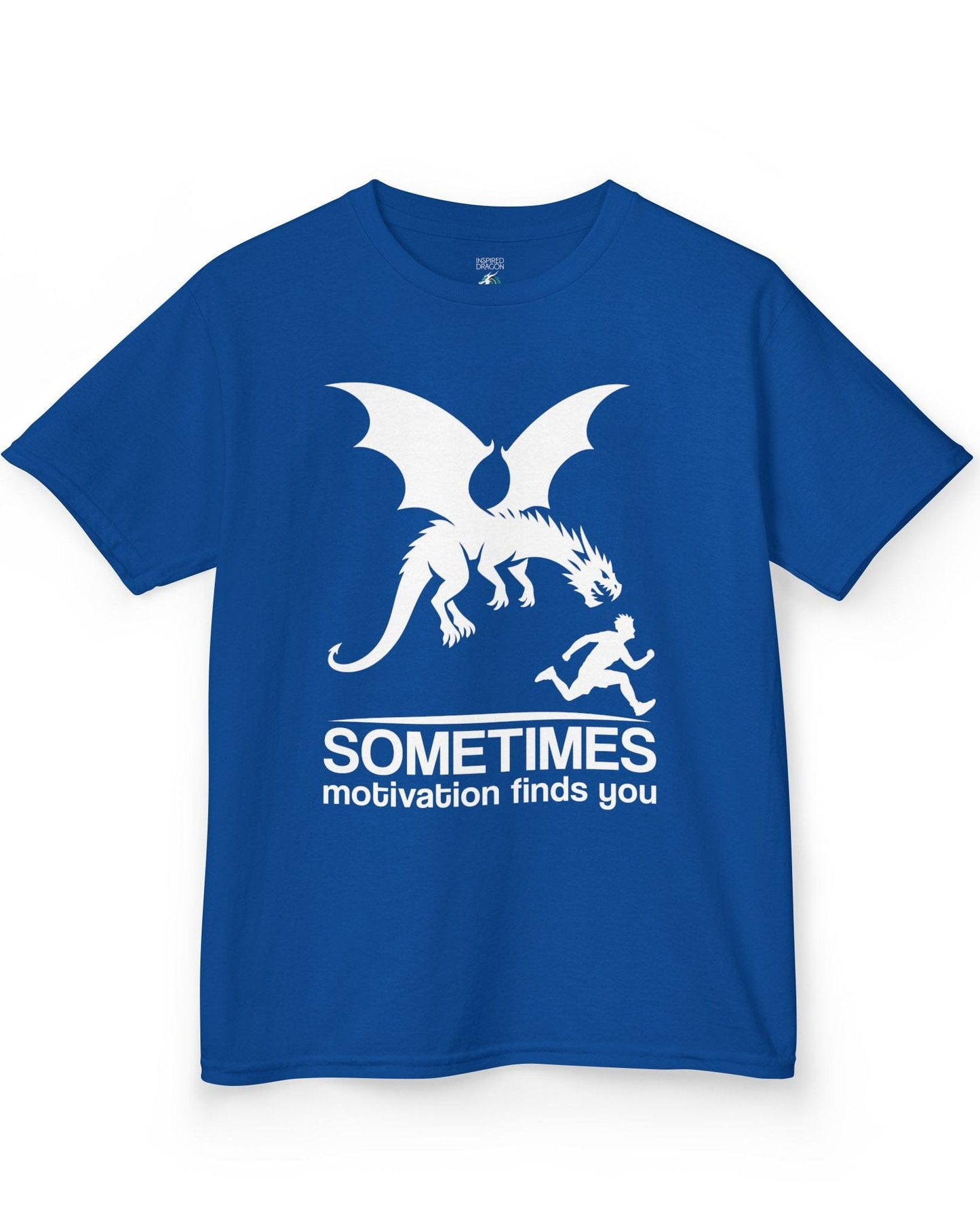 Sometimes Motivation Finds You shirt in royal blue featuring a dragon chasing a running person in bold silhouette.