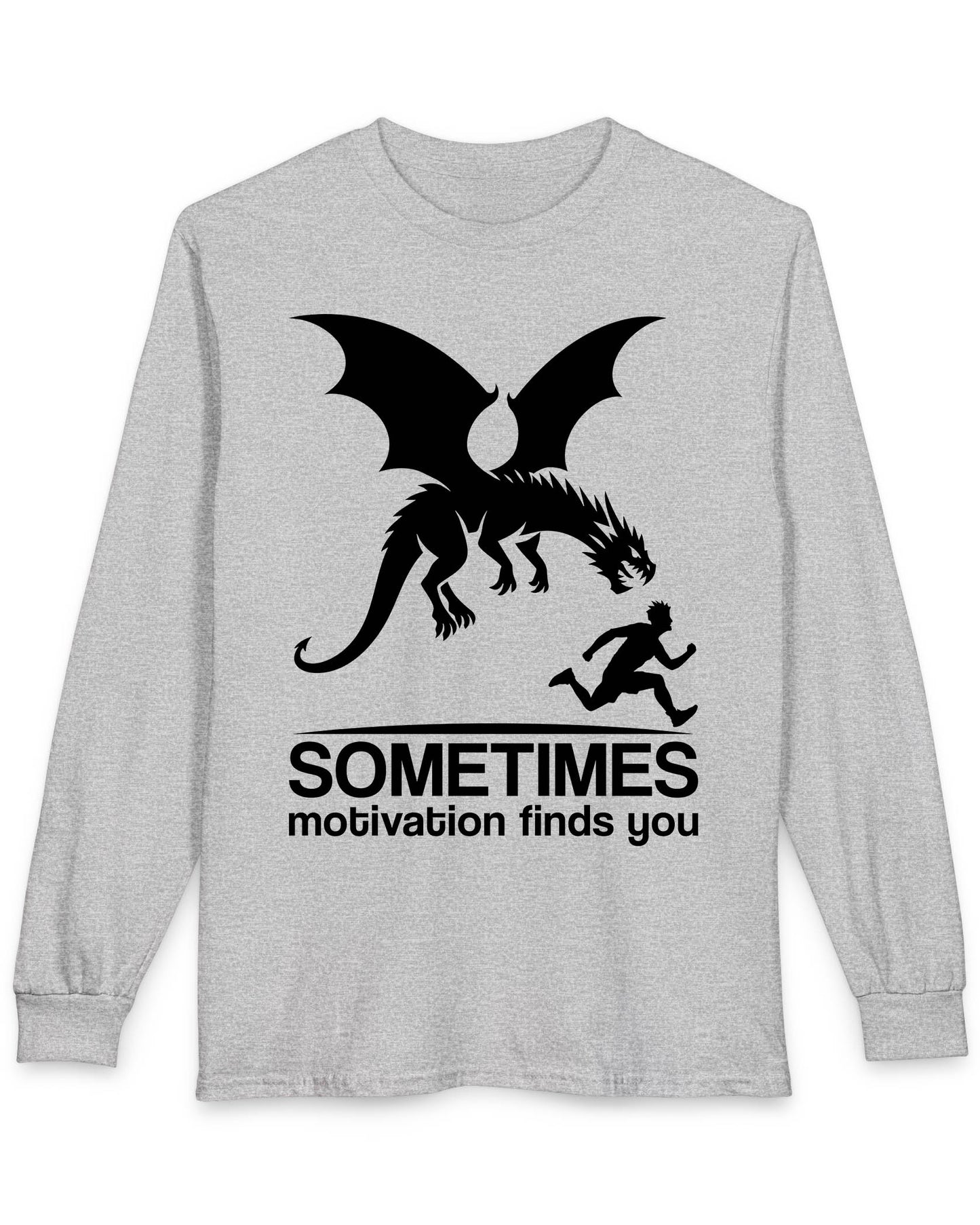 Sometimes Motivation Finds You shirt in sport grey featuring a dragon chasing a running person in bold silhouette.