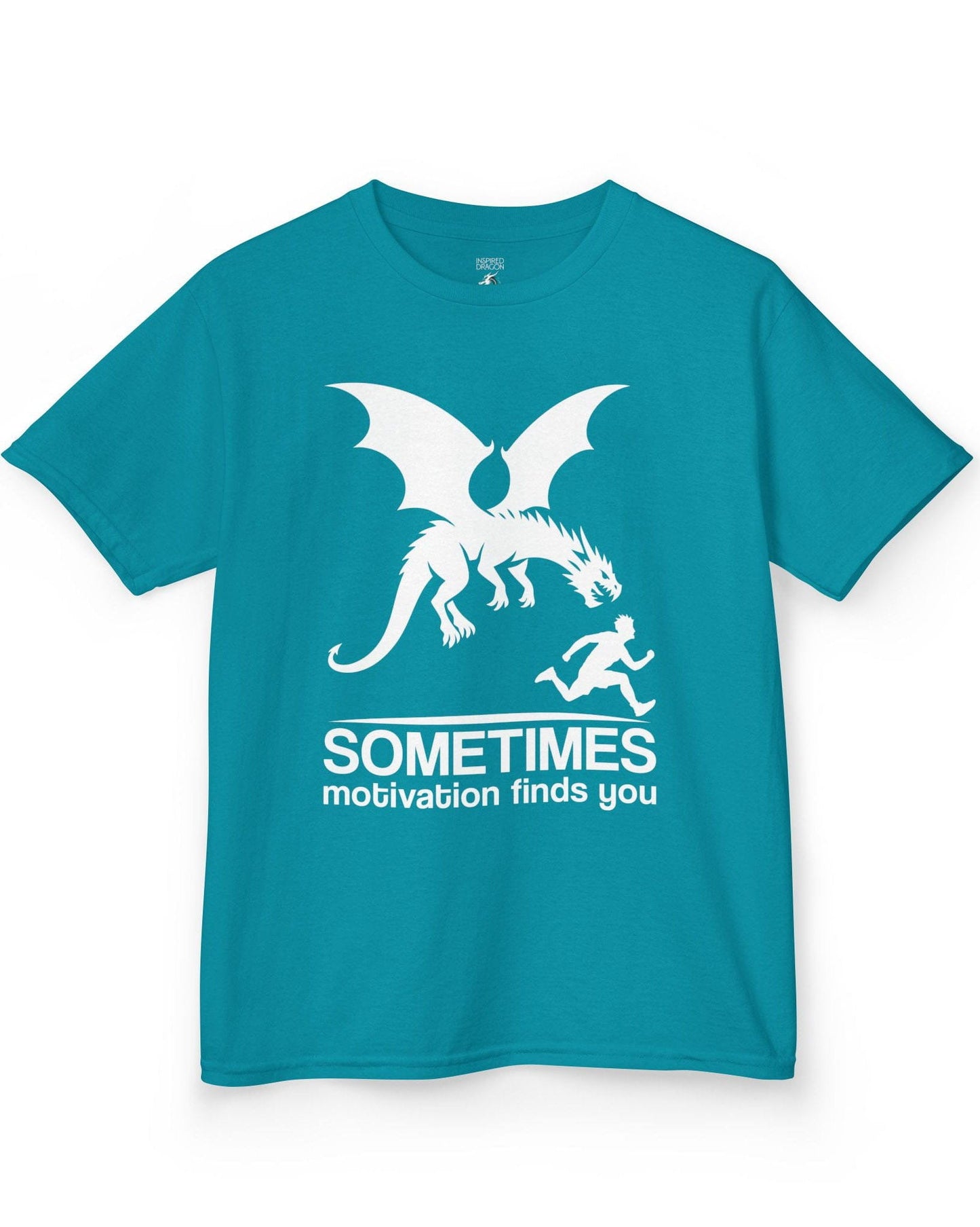 Sometimes Motivation Finds You shirt in tropical blue featuring a dragon chasing a running person in bold silhouette.