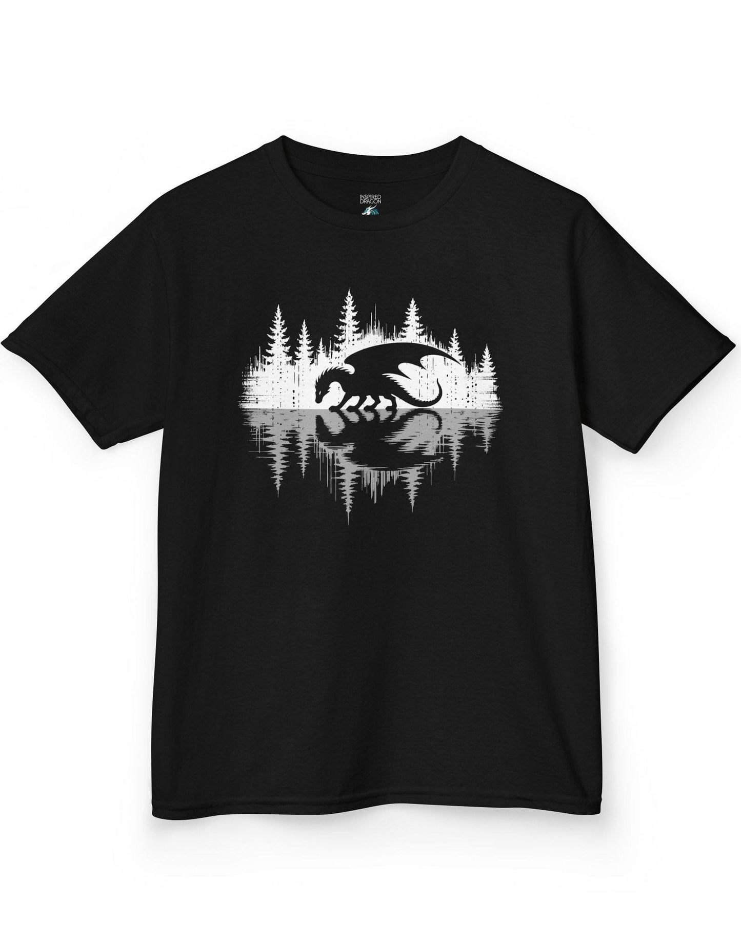 Nature's Mirror shirt in black featuring a dragon at a forest lake with a striking mirrored reflection design.