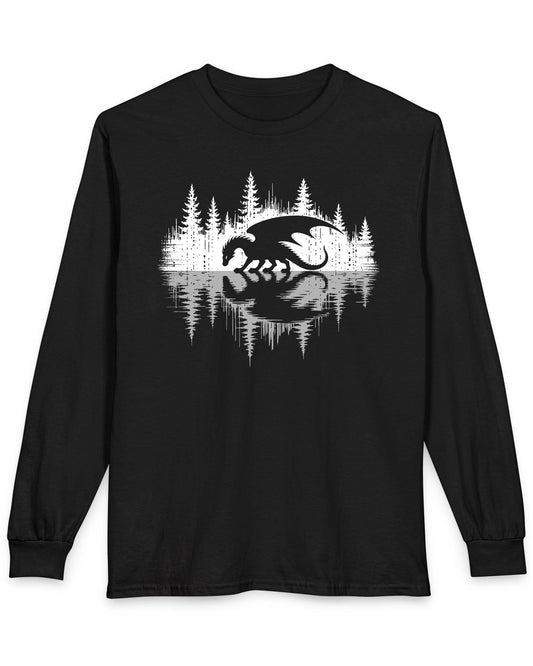 Nature's Mirror shirt in black featuring a dragon at a forest lake with a striking mirrored reflection design.